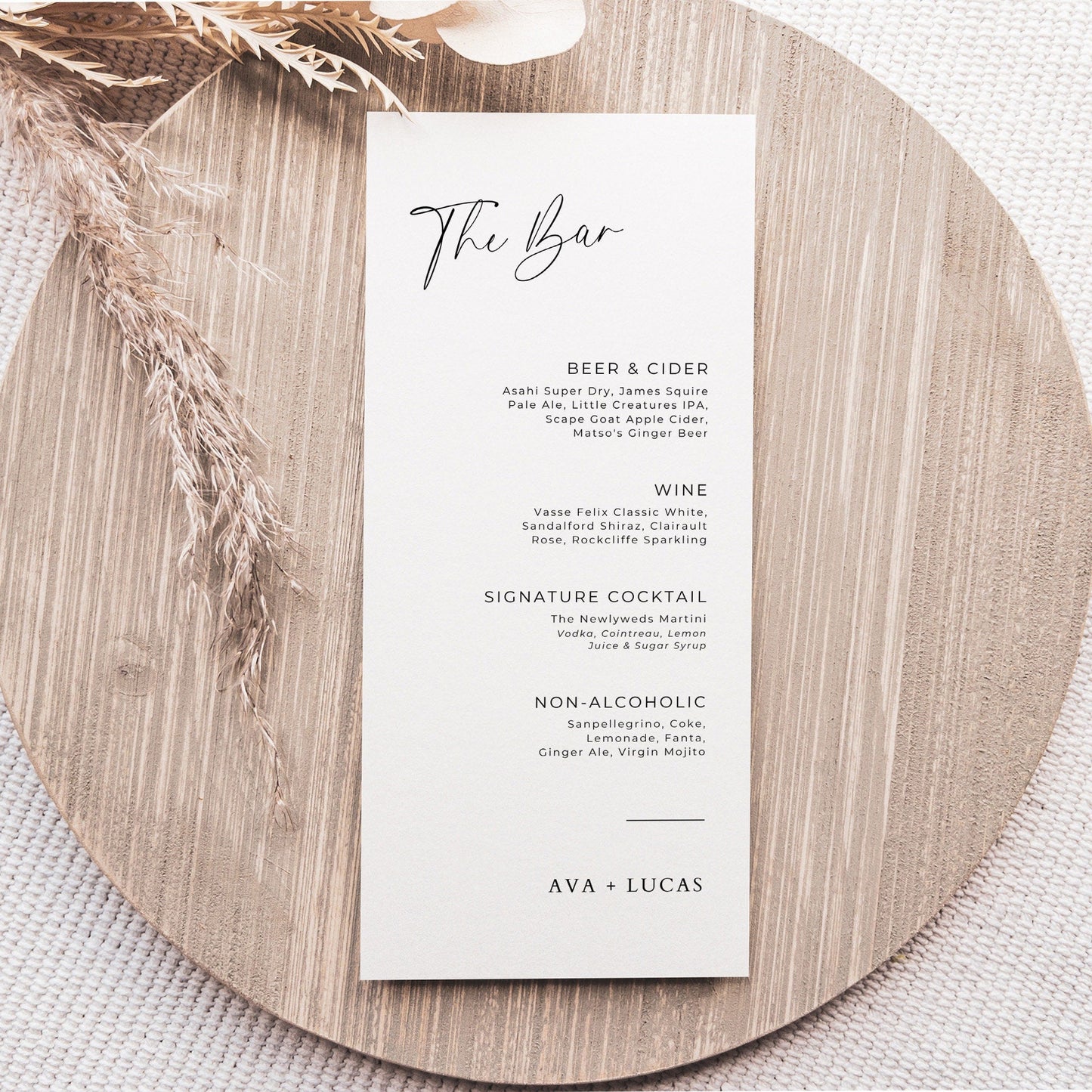 Modern Bar Menu Cards, Elegant Wedding Signature Drinks List, Customizable Beer Wine Cocktail Menu, DIY Beverage List Minimal Template