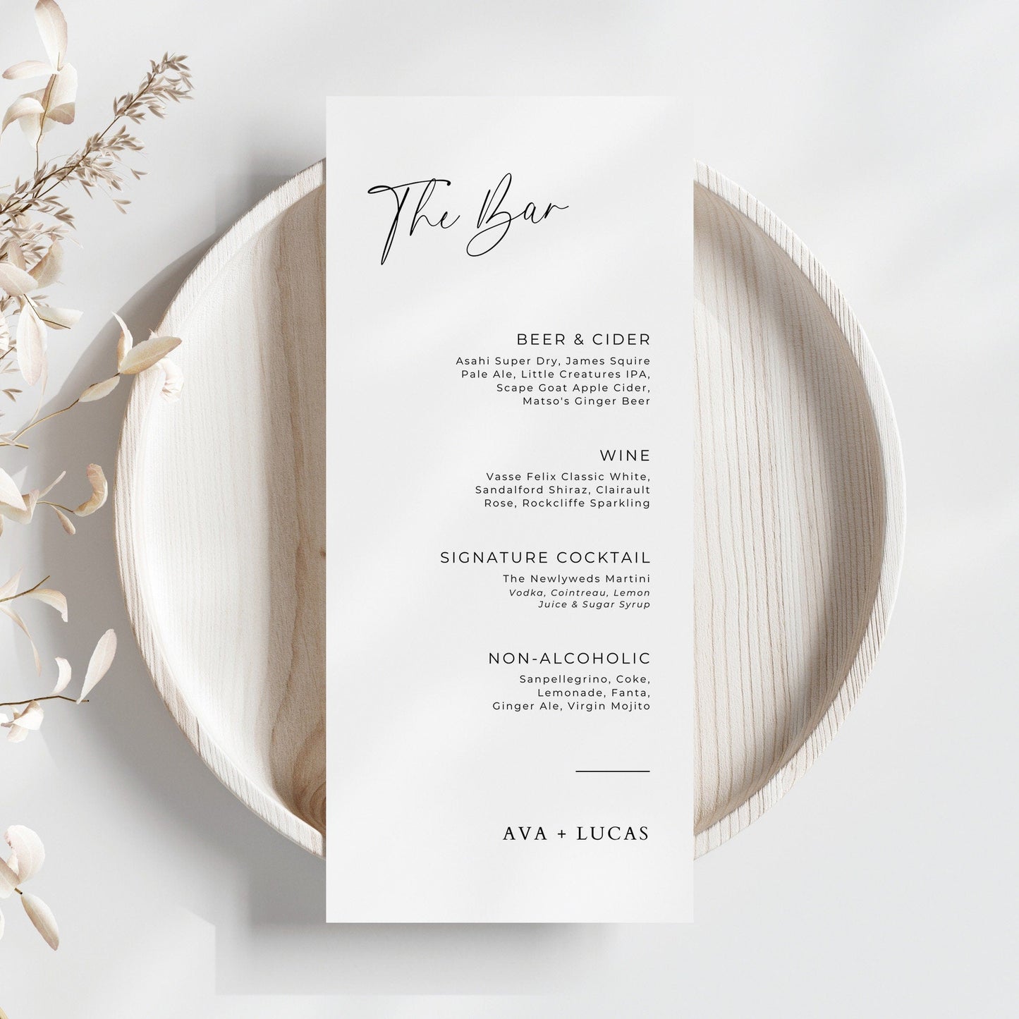 Modern Bar Menu Cards, Elegant Wedding Signature Drinks List, Customizable Beer Wine Cocktail Menu, DIY Beverage List Minimal Template