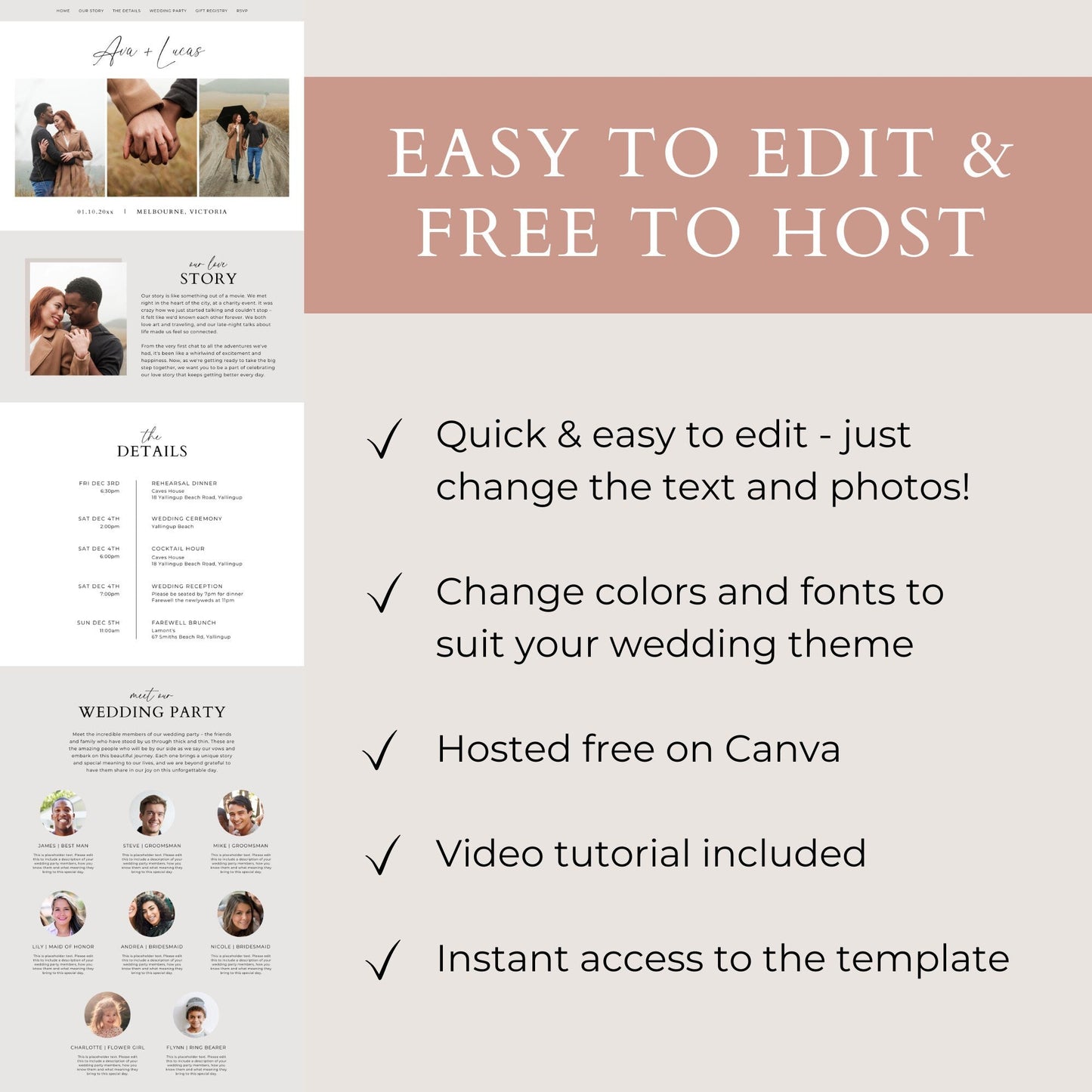 Canva Wedding Website Template, Customizable Mini Wedding Website with Timeline, Modern DIY Website, Minimalist RSVP & Registry Information