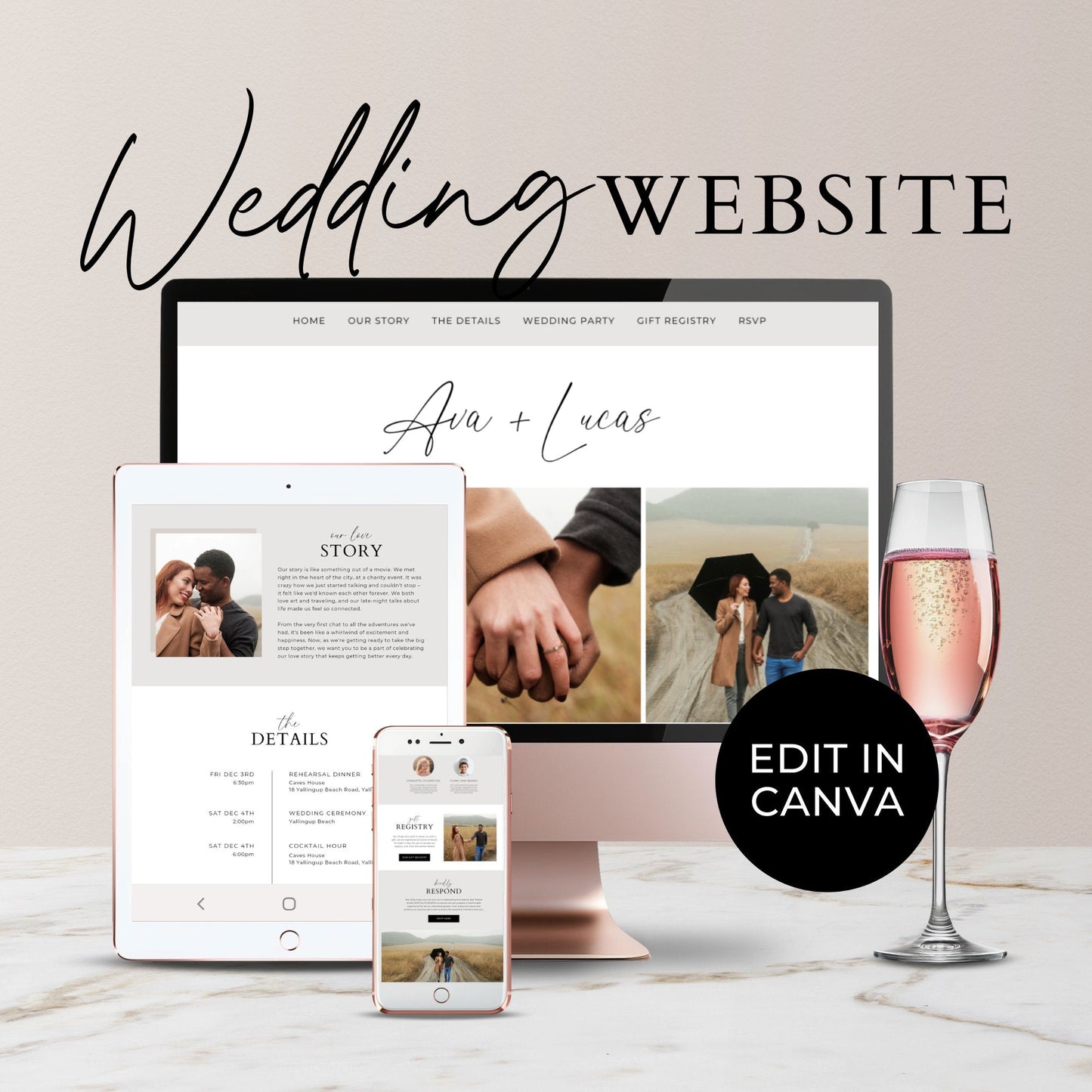 Canva Wedding Website Template, Modern DIY Website