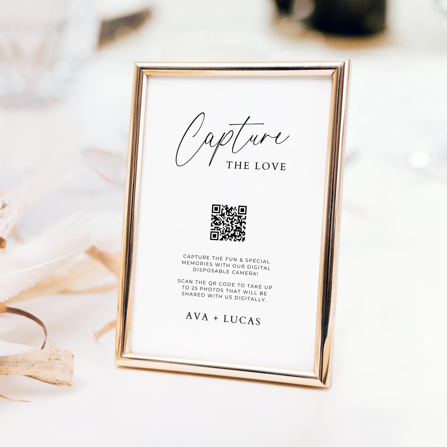 Capture The Love Sign Template for POV Camera App, Digital Disposable Camera QR Code Photo Sharing, Modern Minimal Wedding Reception Signage