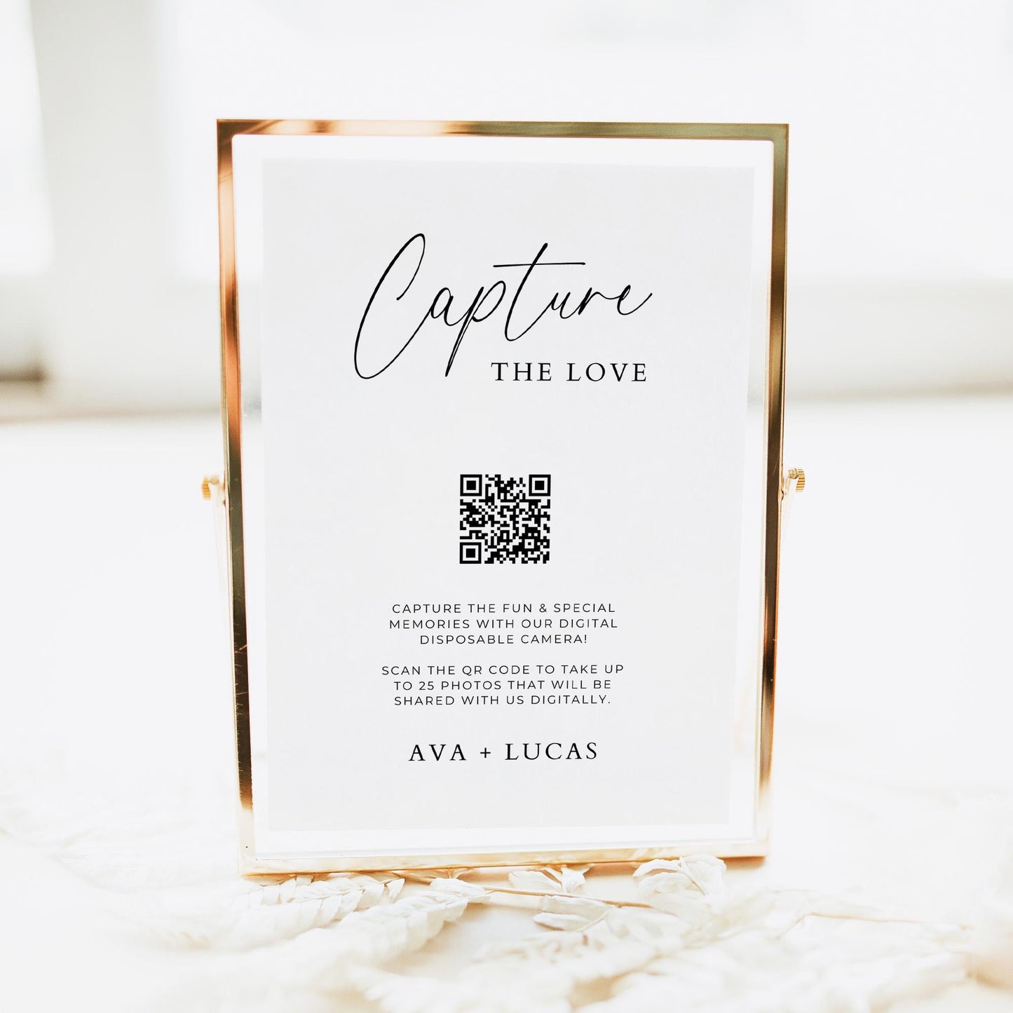 Capture The Love Sign Template for POV Camera App, Digital Disposable Camera QR Code Photo Sharing, Modern Minimal Wedding Reception Signage