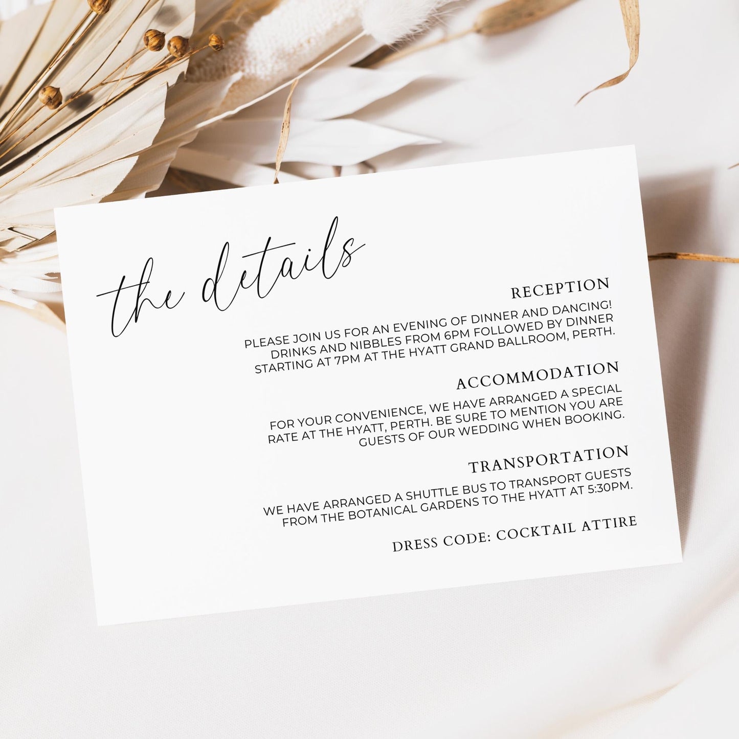 Details Card Invite Insert Template Horizontal, Minimal Wedding Invitation Enclosure Info Page, Simple Customizable Extra Information Note