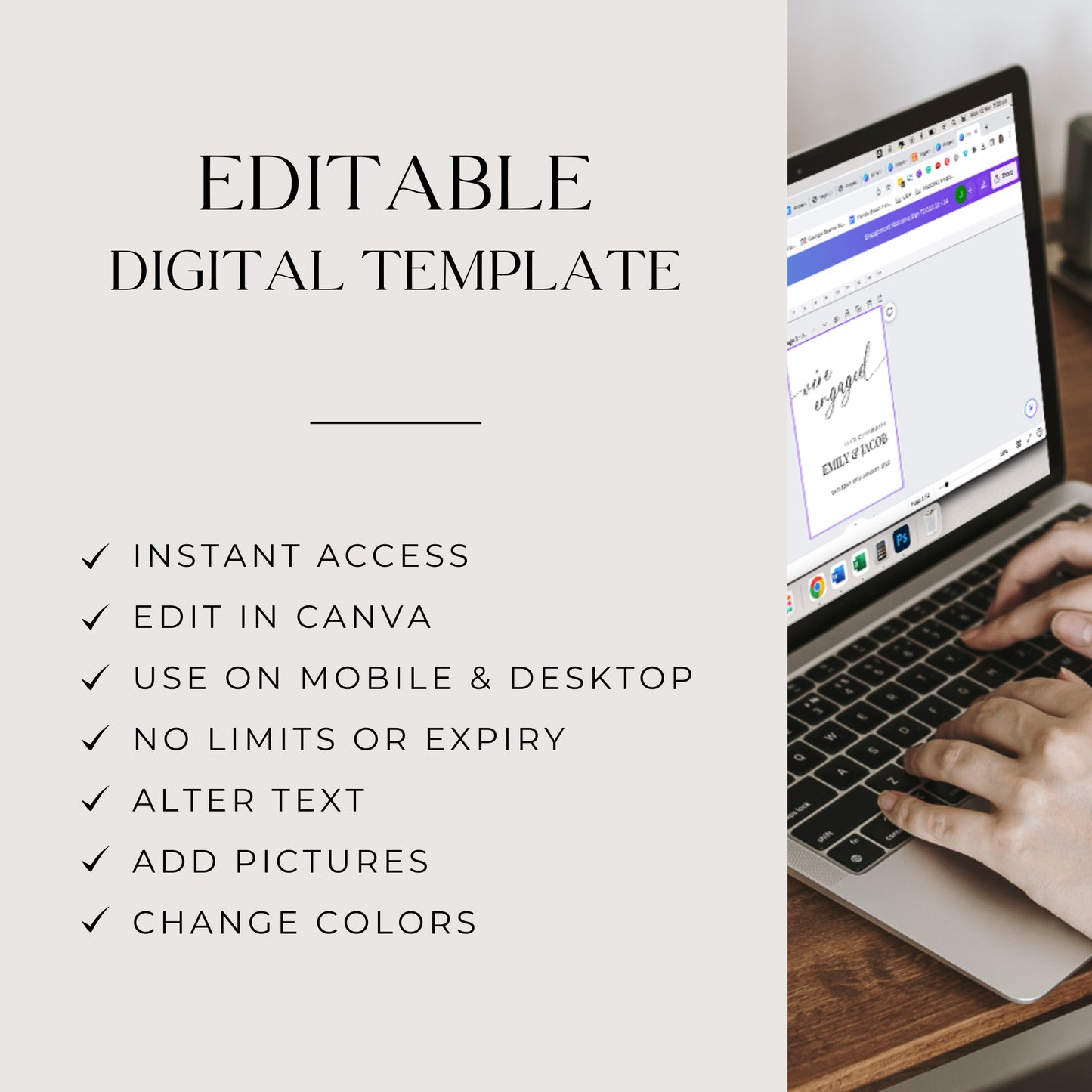 Informational graphic for an editable digital template. Lists features including instant access, edit in Canva, use on mobile and desktop, no limits or expiry, ability to alter text, add pictures, and change colors.