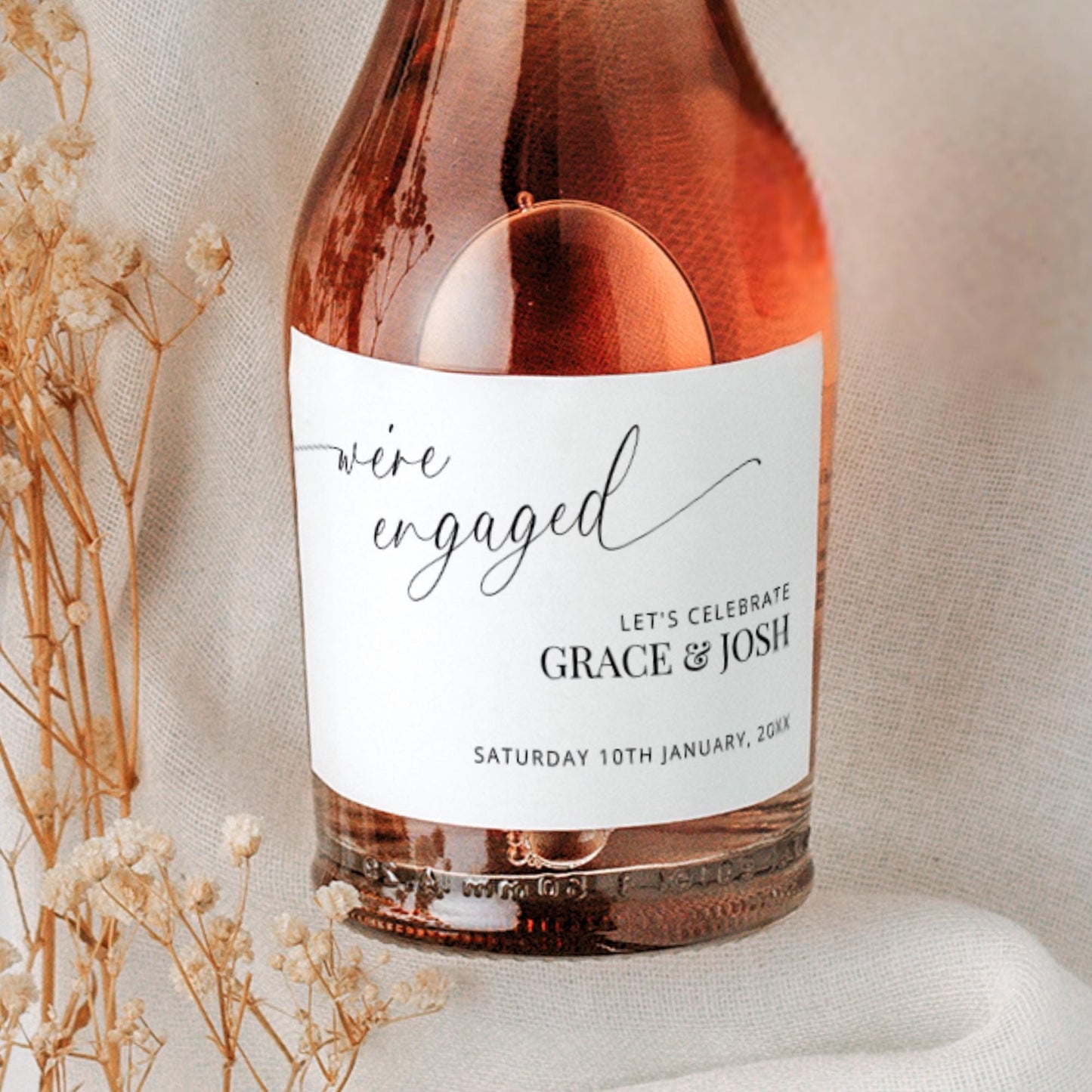 We're Engaged Mini Champagne Bottle Label Template, Modern DIY Engagement Party Decor