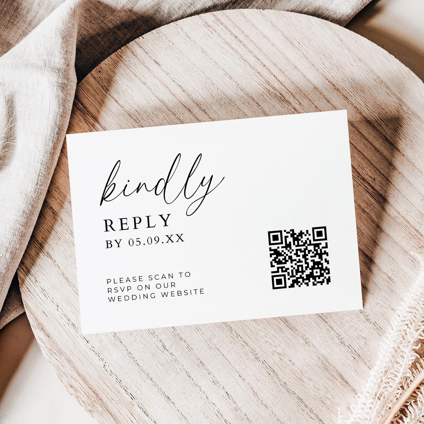 Kindly Reply QR Code Card Template, Modern Digital RSVP Online Invitation Insert, Minimalist Wedding Invite QR Scan Code Response Enclosure