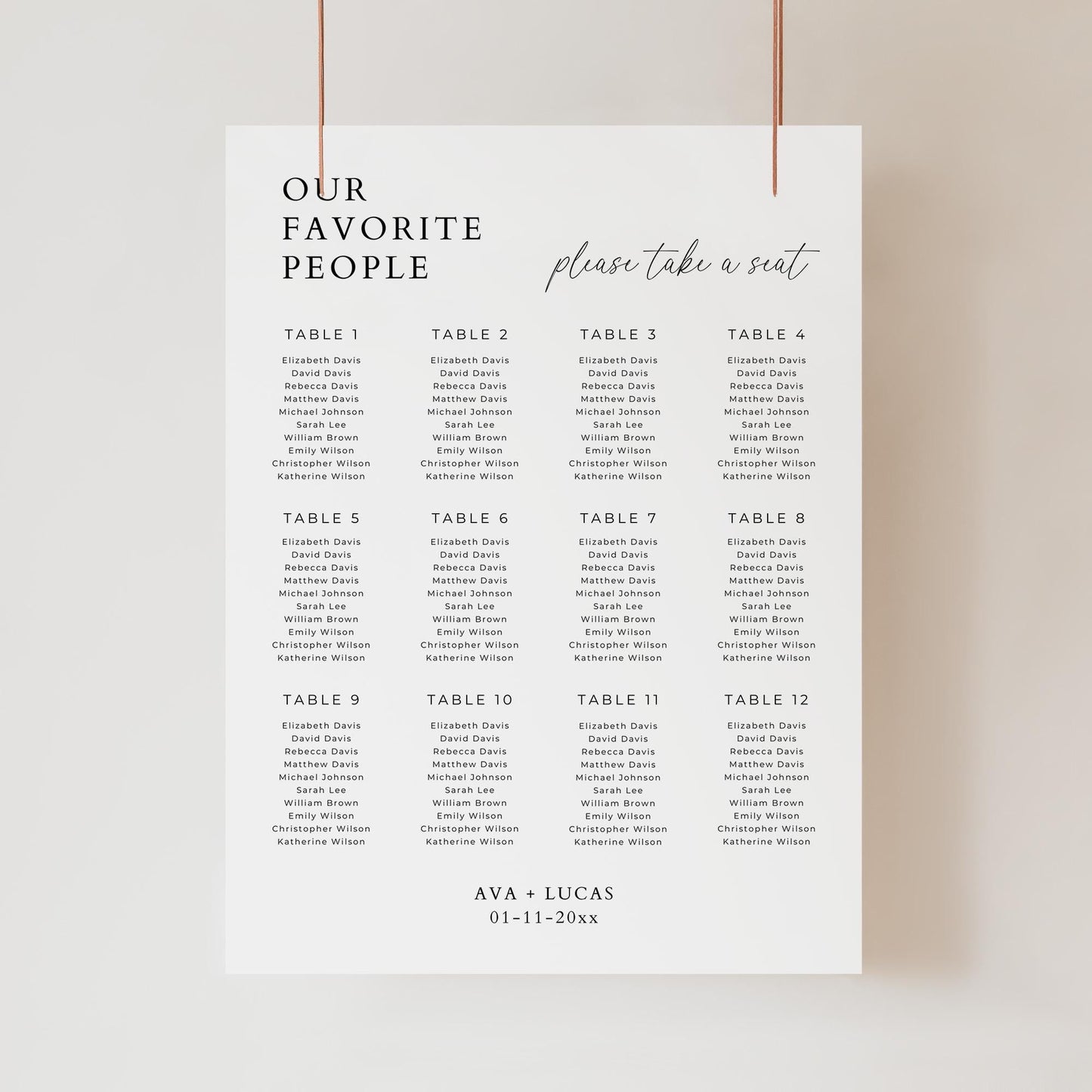 Our Favorite People Large Seating Chart Template, Modern Minimal Wedding Reception 12 Table Number Seating Board, Rehearsal Dinner Seat Sign