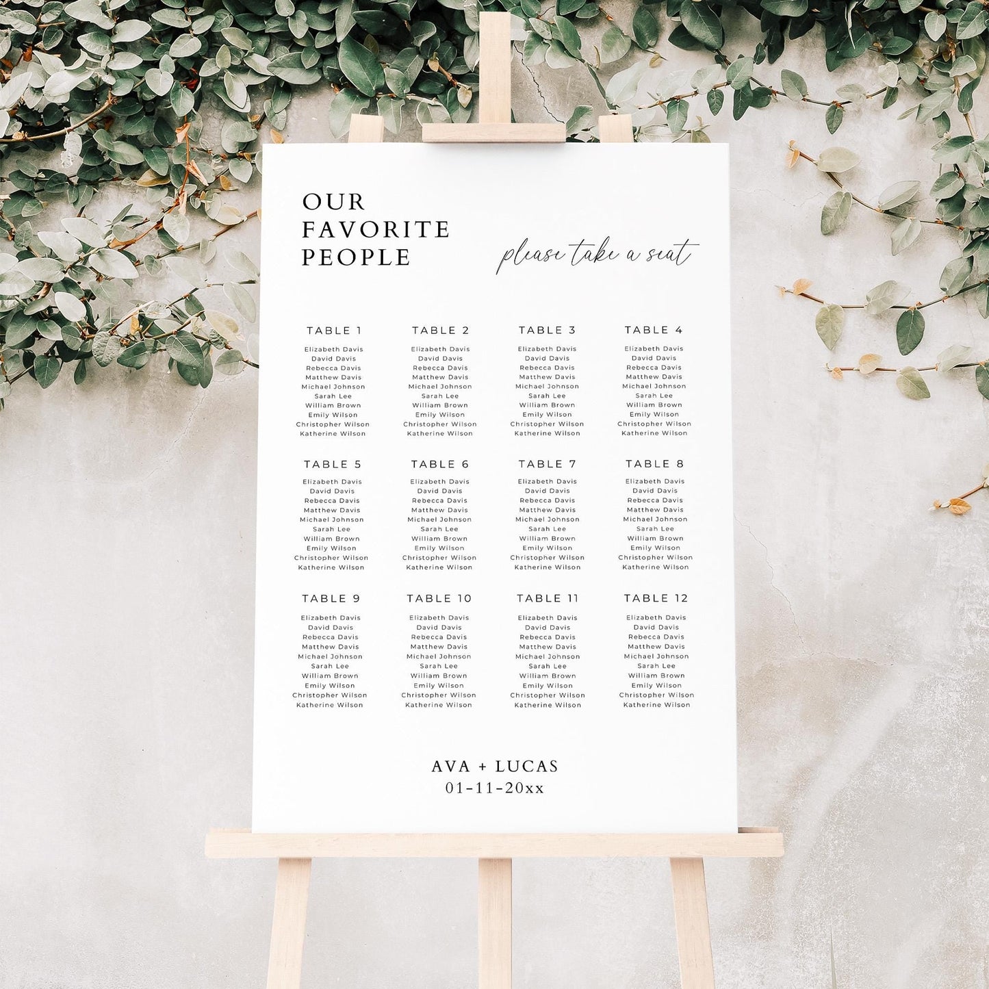 Our Favorite People Large Seating Chart Template, Modern Minimal Wedding Reception 12 Table Number Seating Board, Rehearsal Dinner Seat Sign