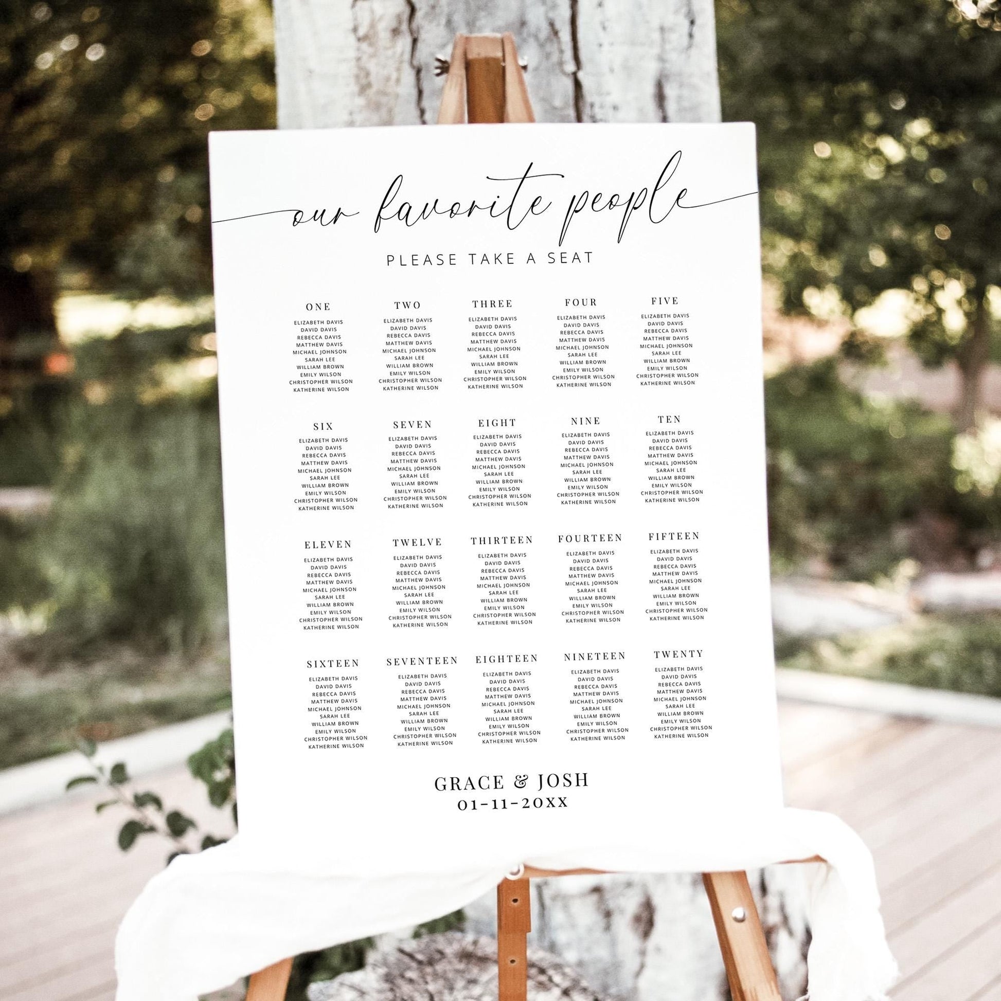 Our Favorite People Wedding Reception Large Seating Chart Sign Template, Elegant Minimal Seating Board 20 Table Numbers for Rehearsal Dinner