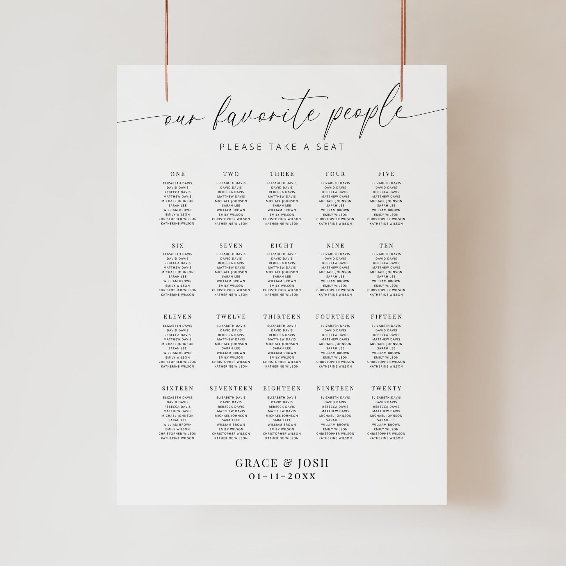 Our Favorite People Wedding Reception Large Seating Chart Sign Template, Elegant Minimal Seating Board 20 Table Numbers for Rehearsal Dinner