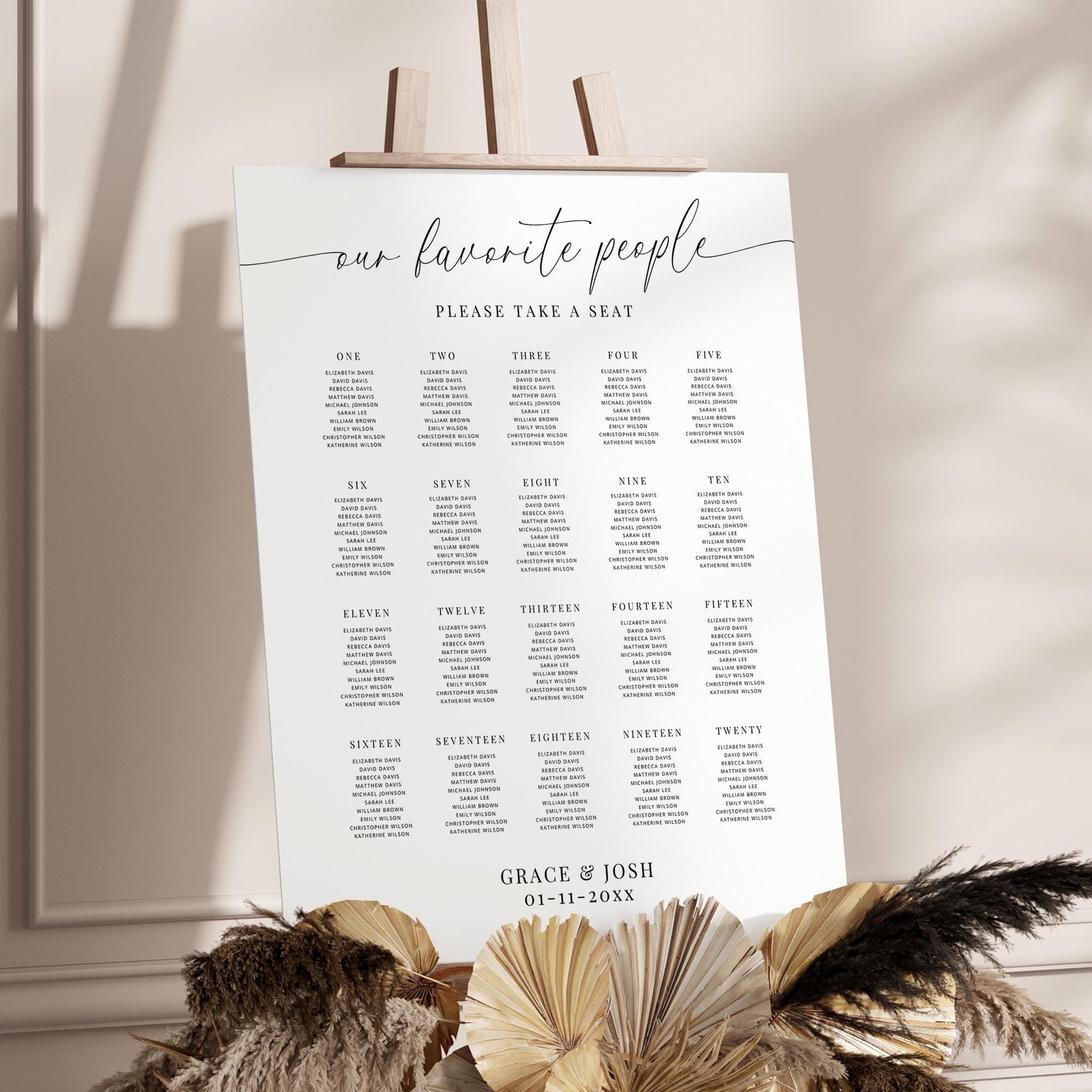 Our Favorite People Wedding Reception Large Seating Chart Sign Template, Elegant Minimal Seating Board 20 Table Numbers for Rehearsal Dinner