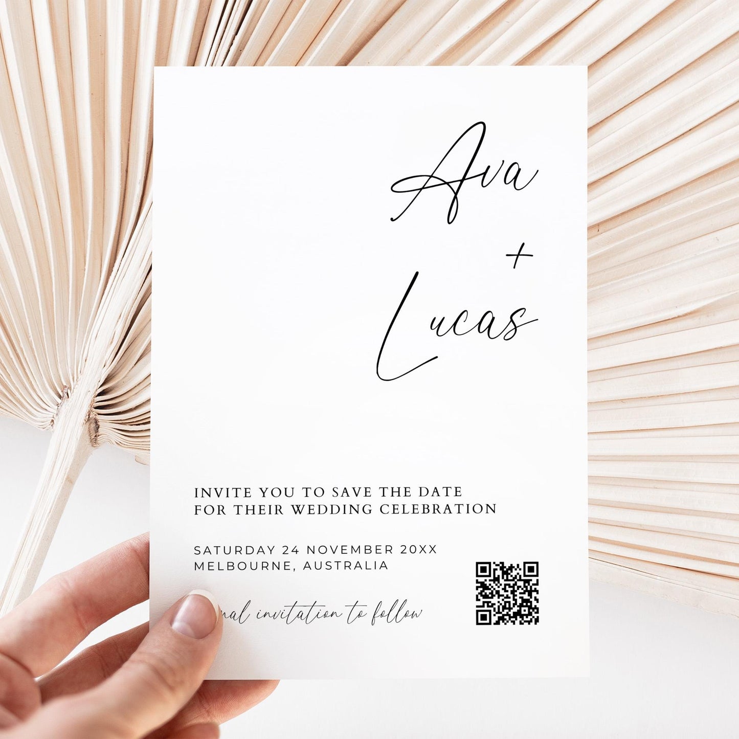 Photo Save The Date Card Template with QR Code, Simple Modern Double Sided Save Our Wedding Date Invitation, Minimalist Invite with Picture