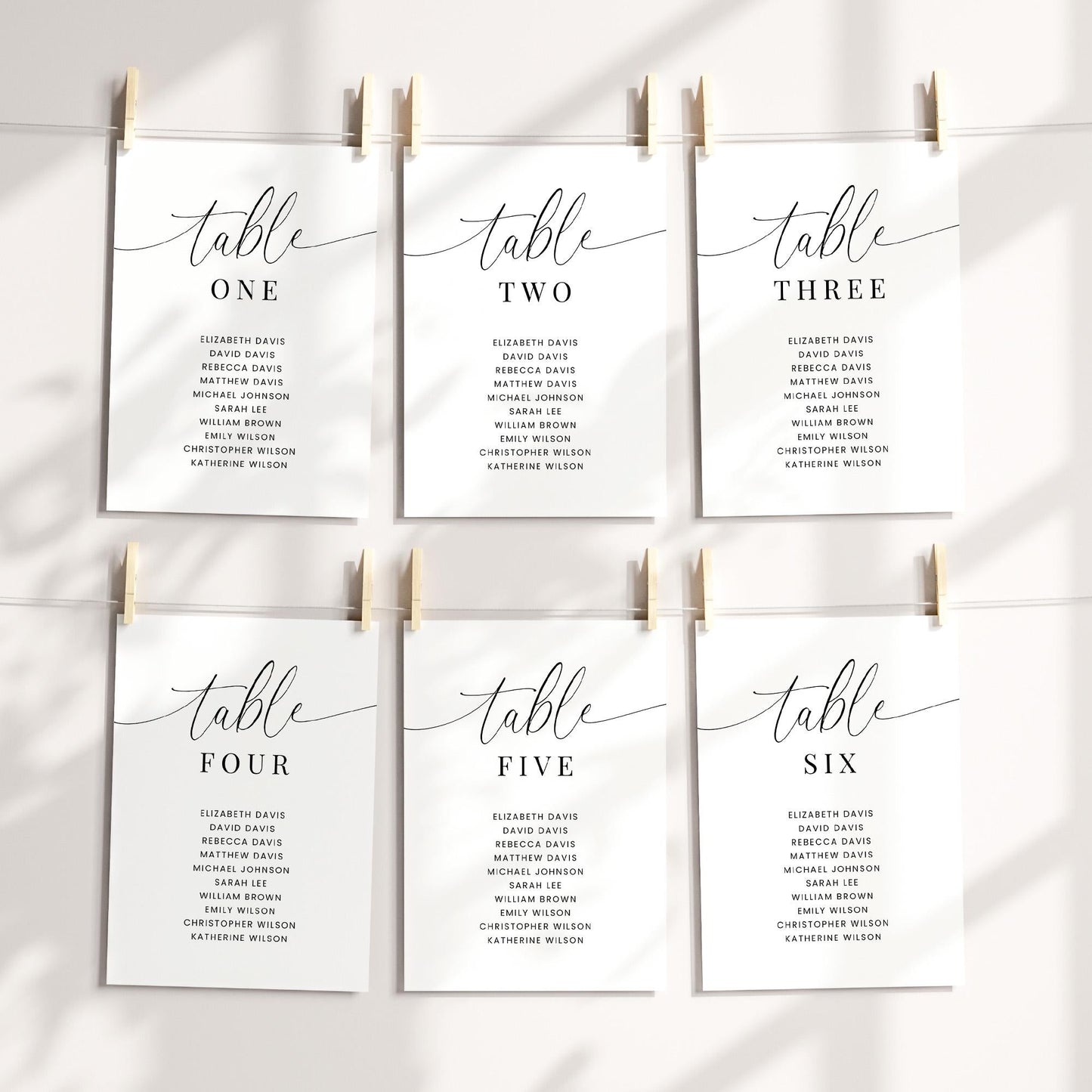 Table Number Seating Chart Cards Template for Wedding Reception or Rehearsal Dinner, Minimalist Elegant Table Assignment Card with Names