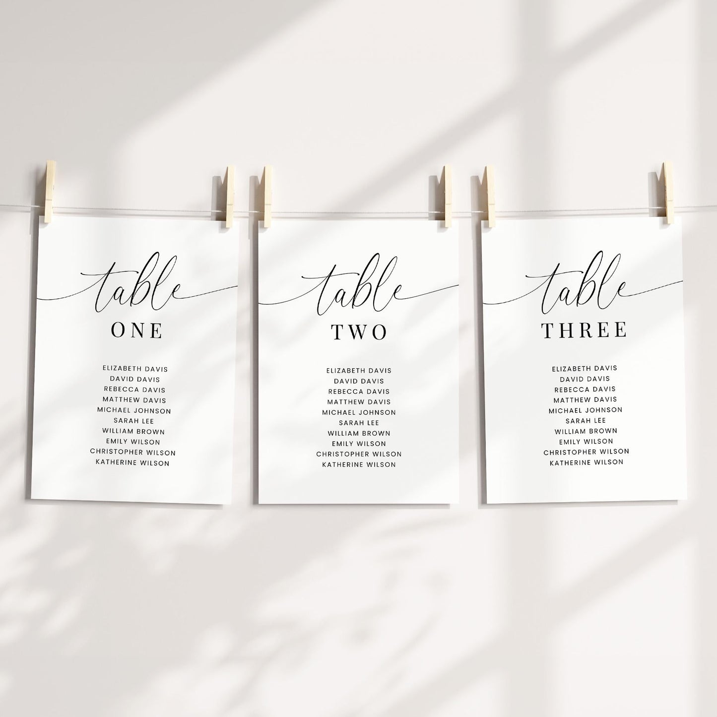 Table Number Seating Chart Cards Template for Wedding Reception or Rehearsal Dinner, Minimalist Elegant Table Assignment Card with Names
