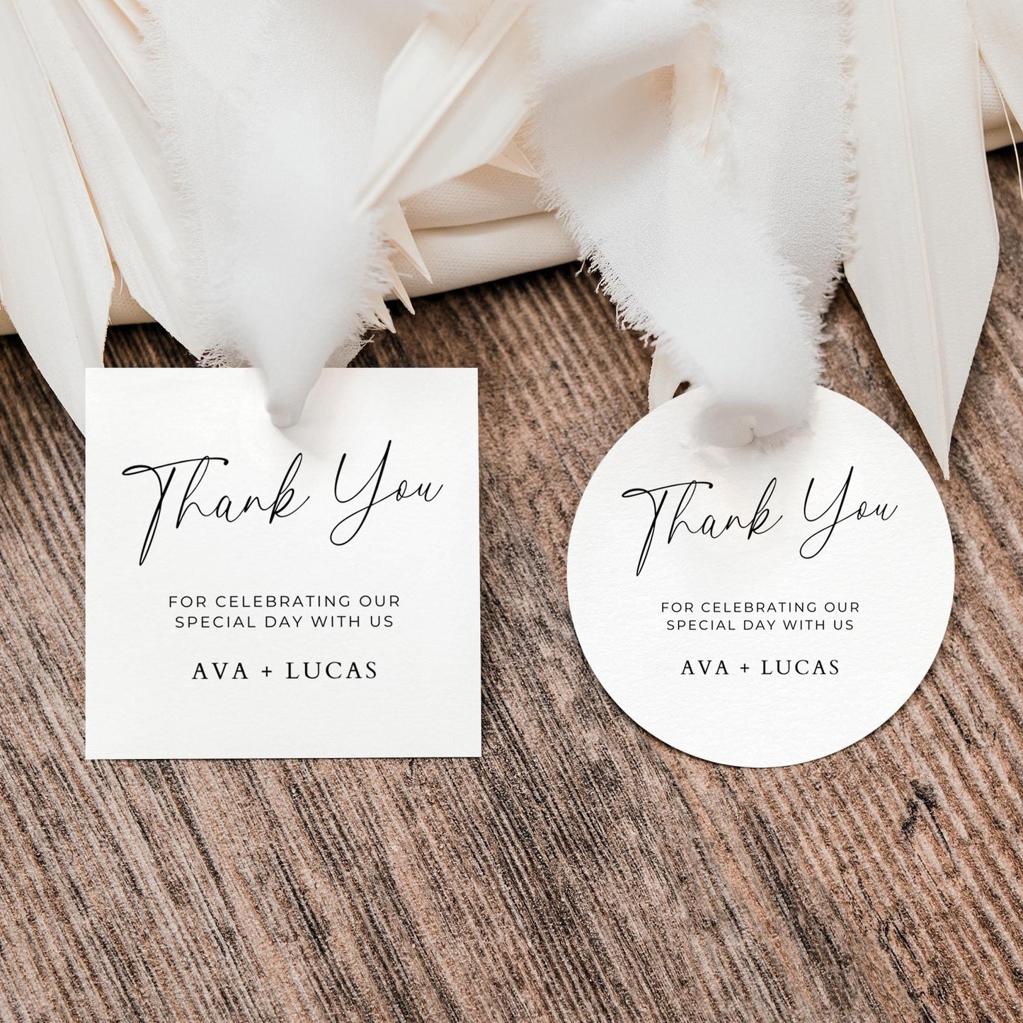 A picture of a square and a round wedding favor tag. Features the text 'thank you' in a script font, followed by 'for celebrating our special day with us' in a sans serif font. Finally, the couple name in an elegant serif font.
