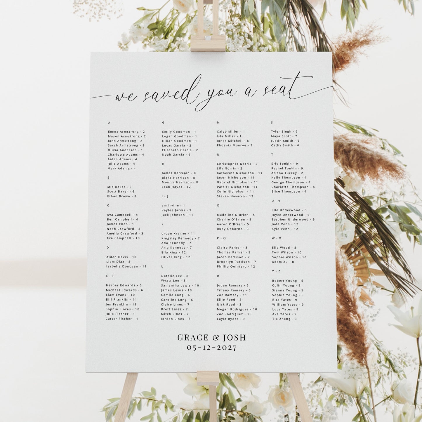'We Saved You A Seat' Alphabetical Order Seating Chart Sign