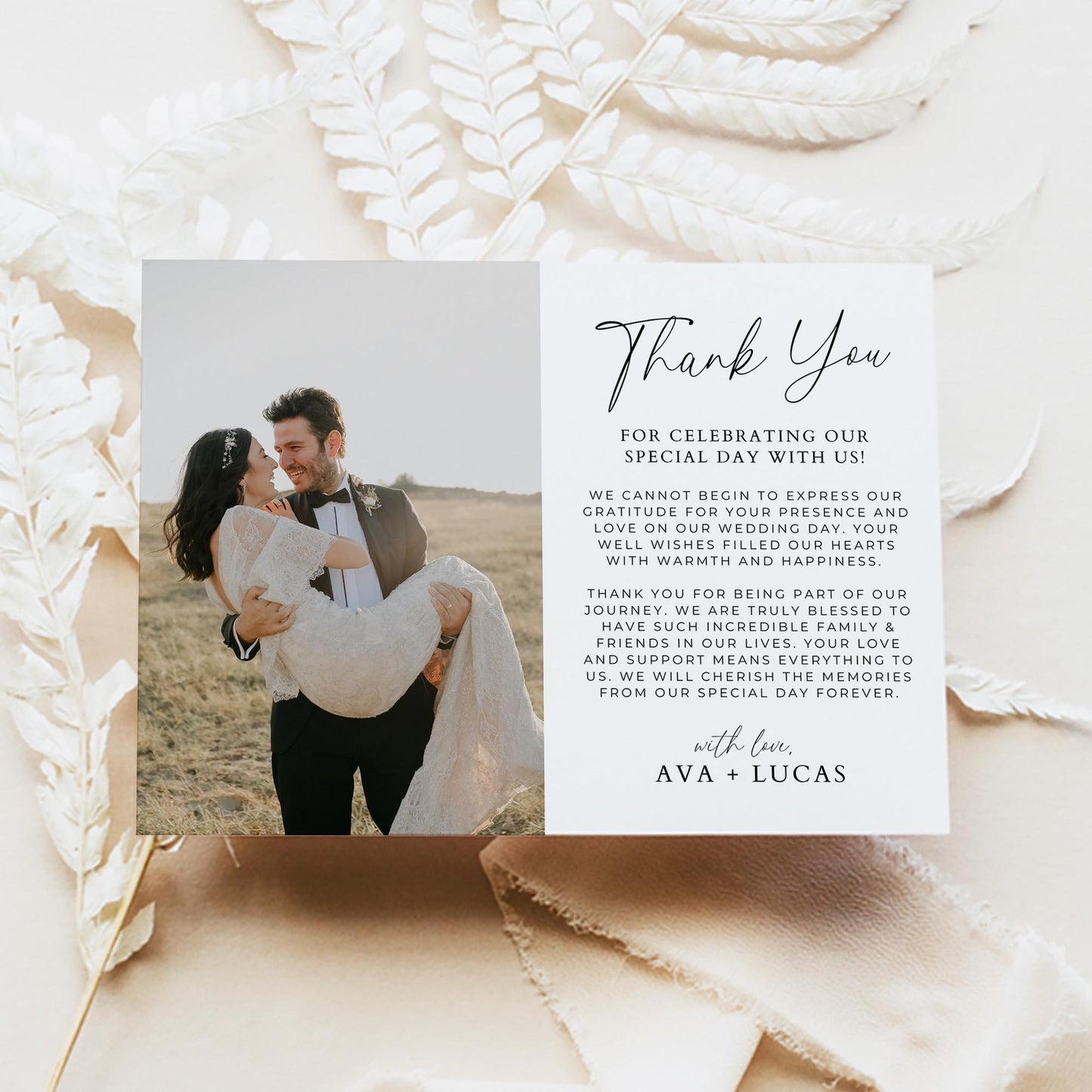 Wedding Thank You Card Template Horizontal, Modern Minimalist Photo Thank Yous, Simple Elegant Picture Thank You For Attending Note