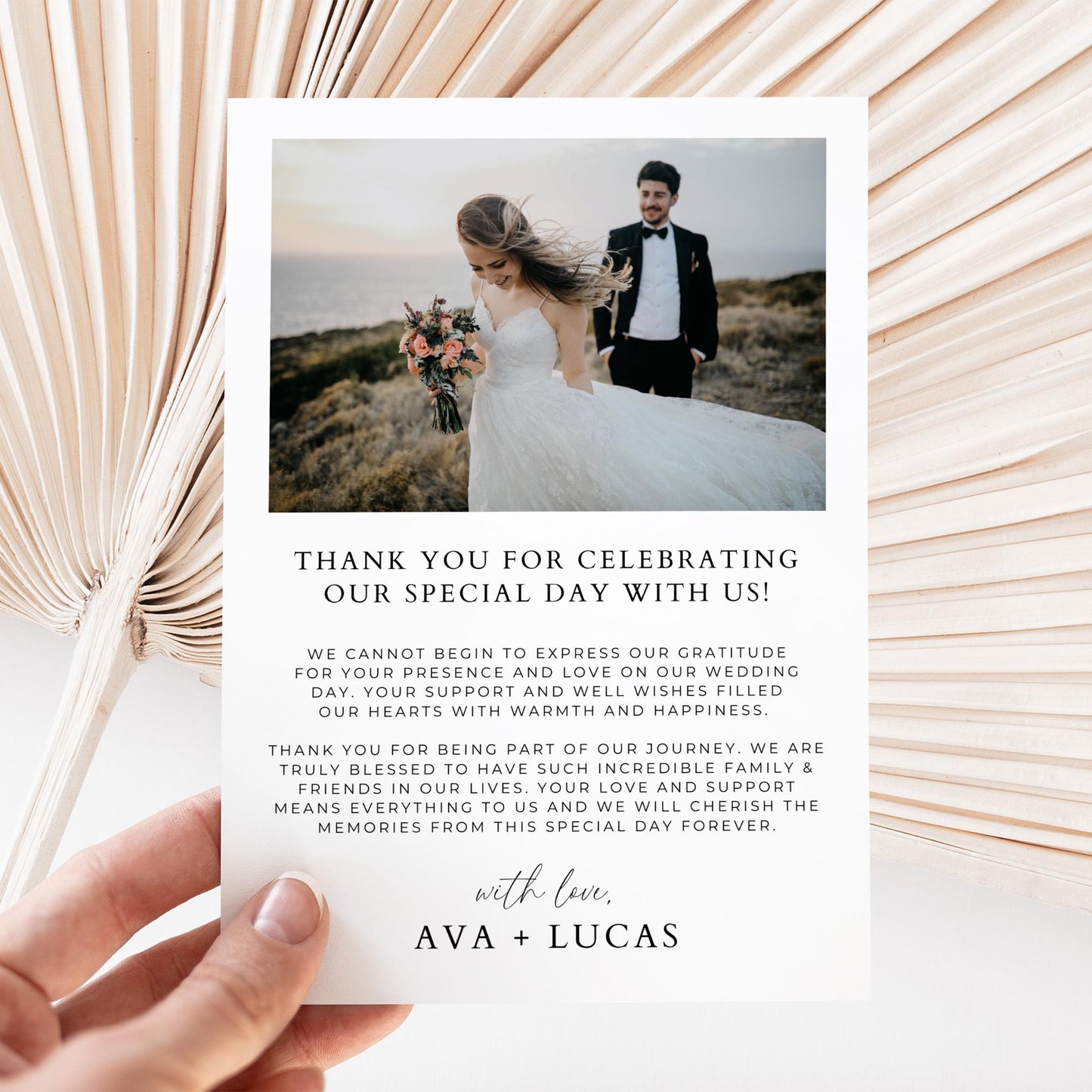 Wedding Thank You Card Template with Photos, Modern Double Sided Thank Yous, Minimalist Thank You For Attending Note with Couple Picture