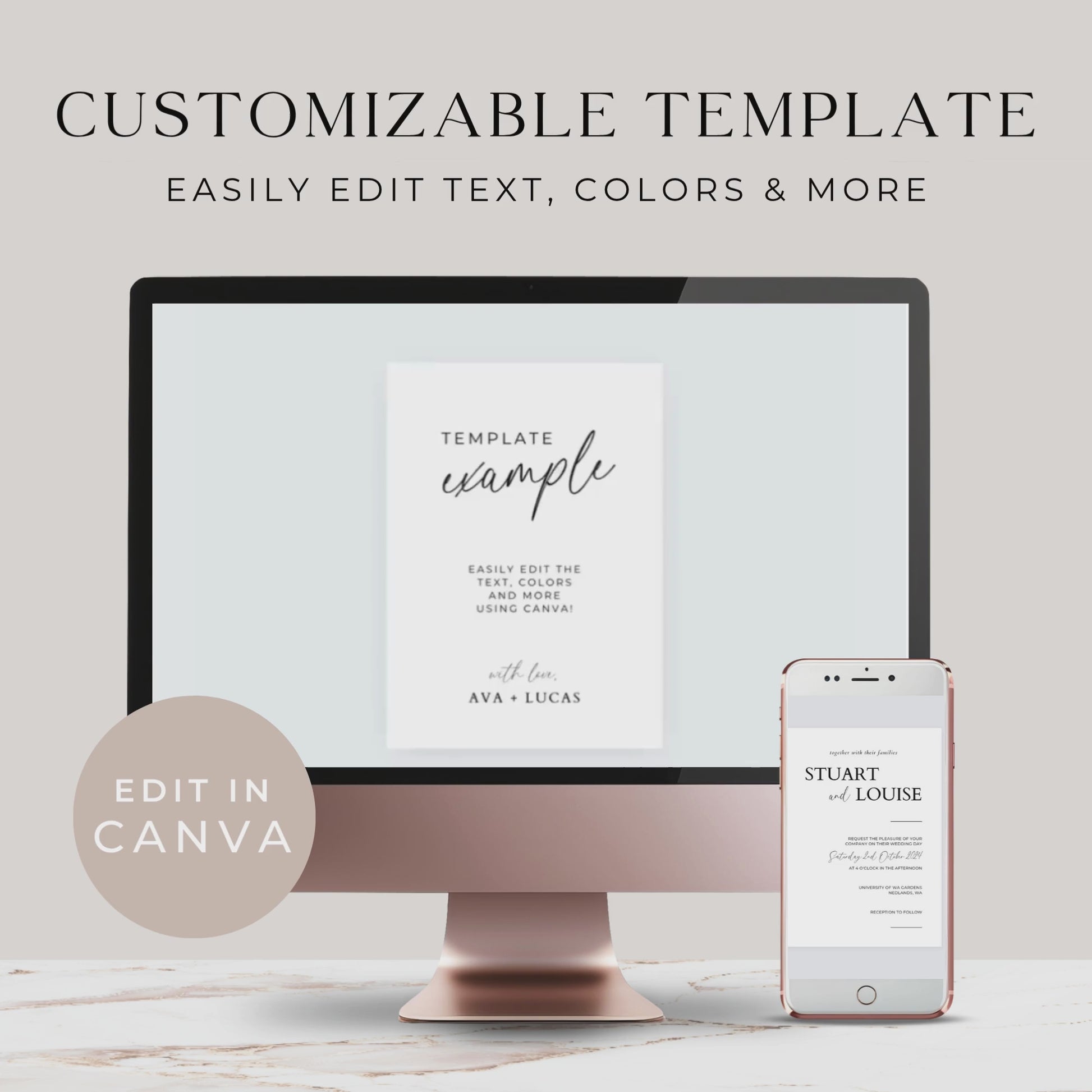 Short video showing how to customize a digital wedding template using Canva. The screen recording walks through editing text, changing fonts and colors, and previewing the final design. Demonstrates the ease of use and flexibility of editable templates.