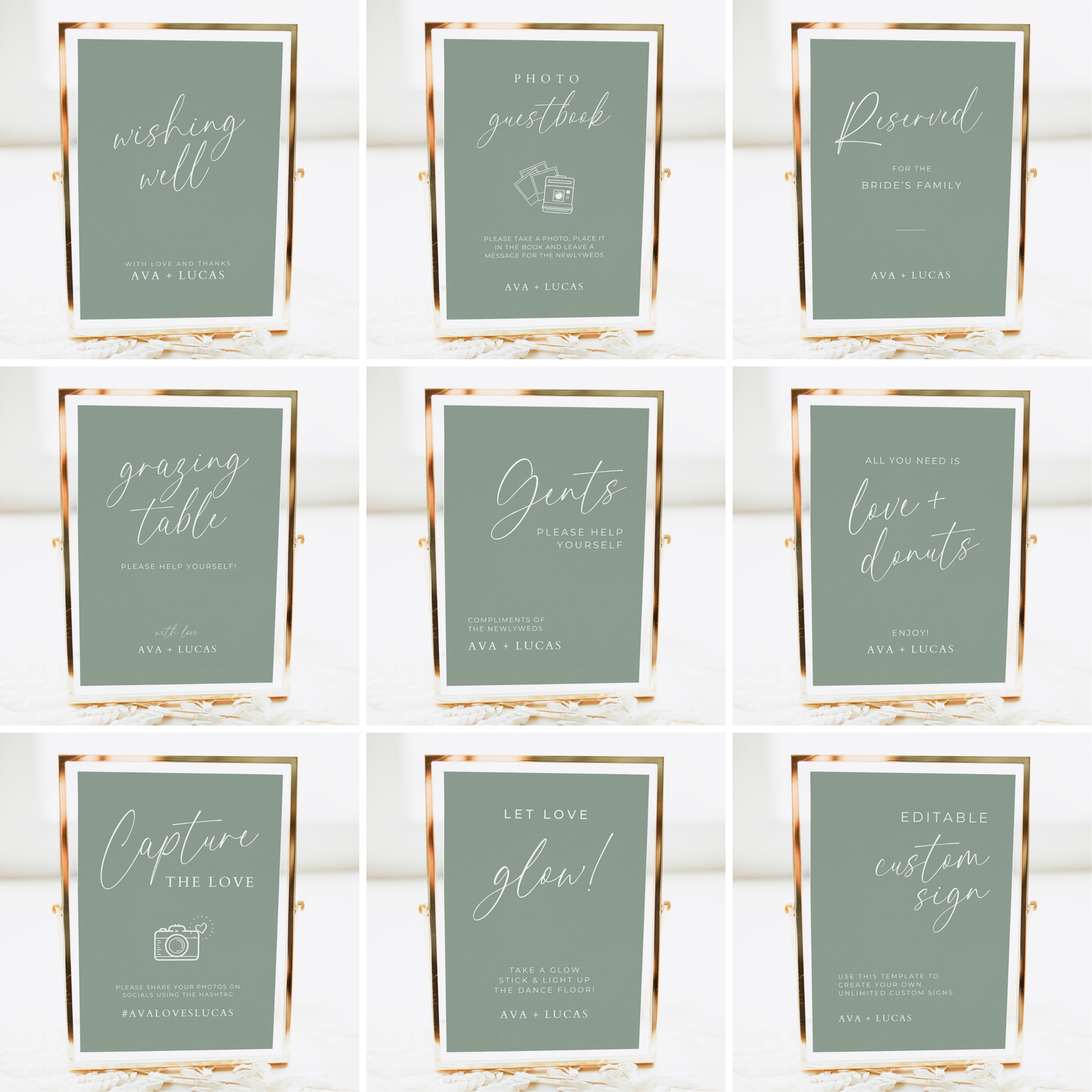 Wedding Reception Signs Template Bundle Sage Green