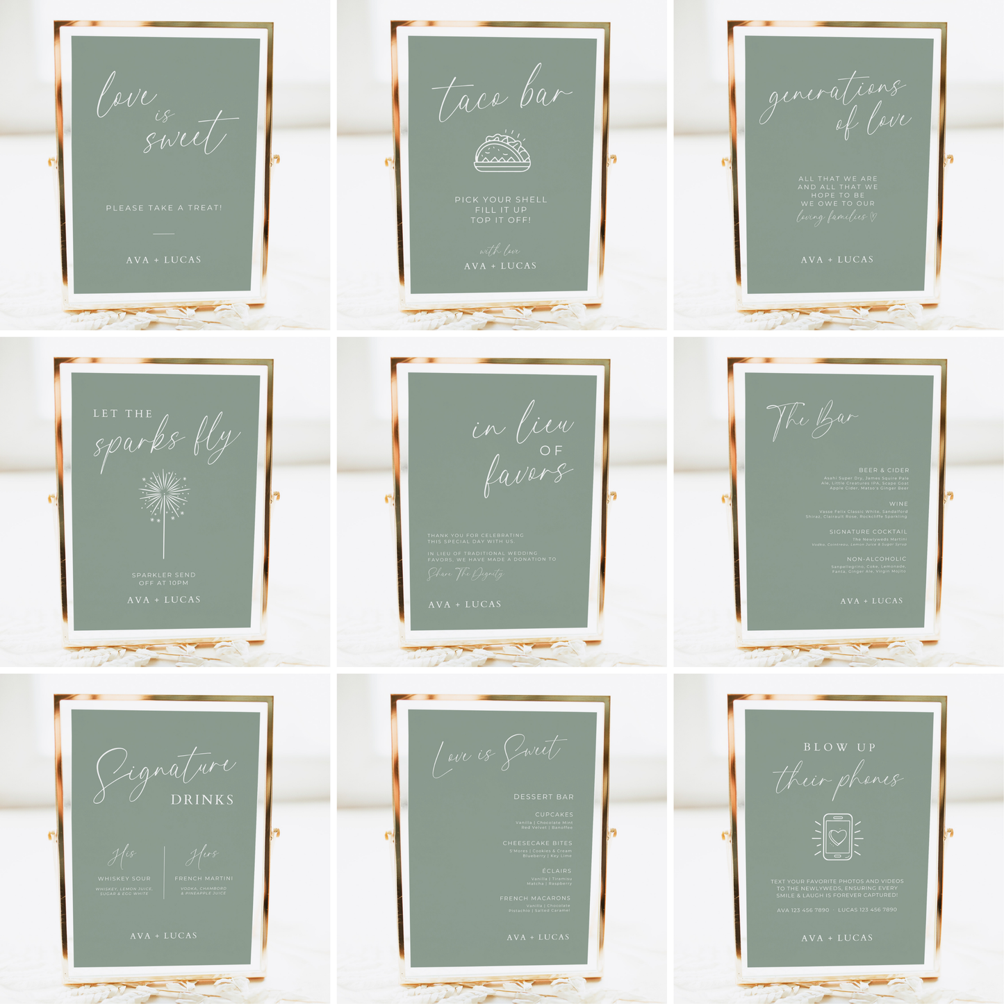 Wedding Reception Signs Template Bundle Sage Green