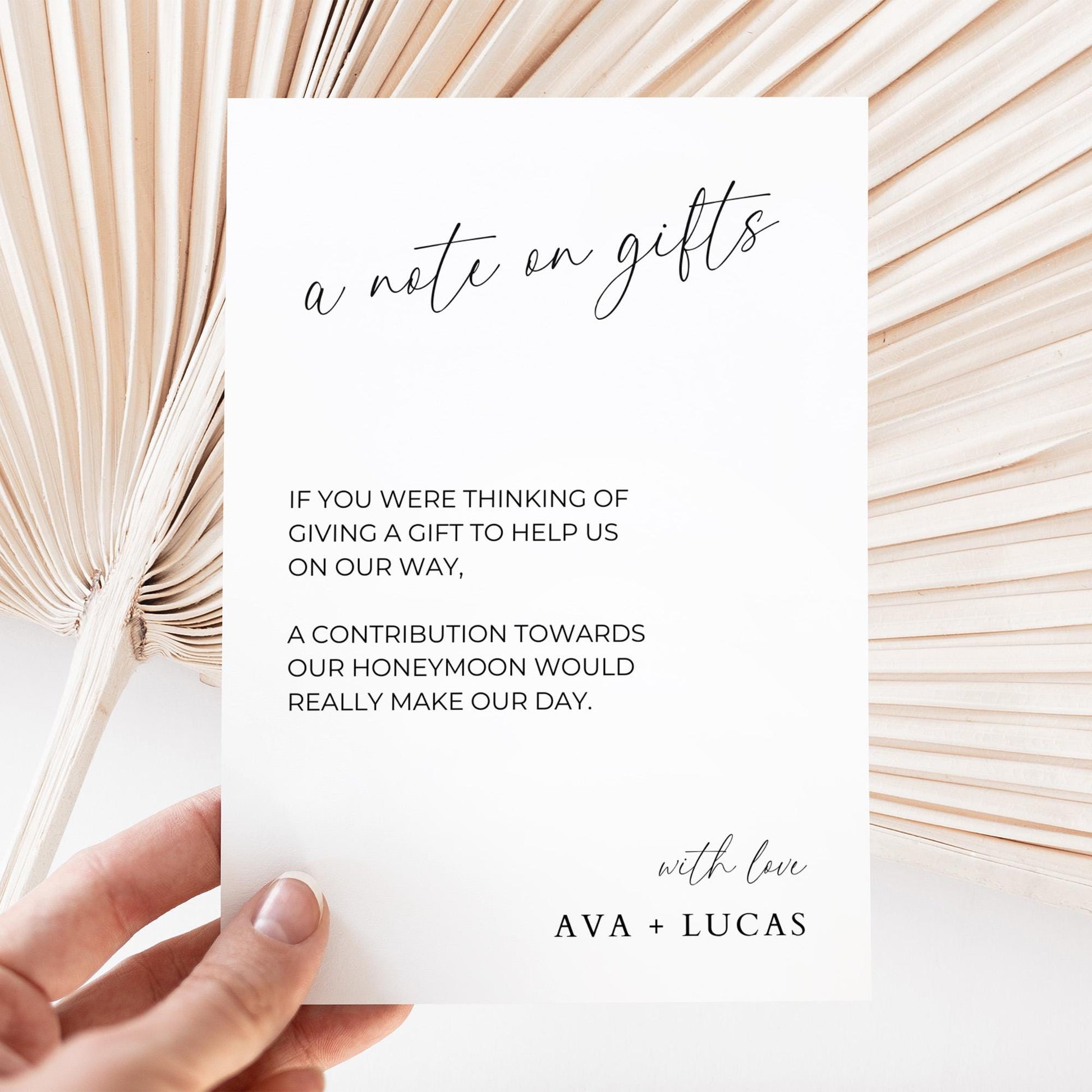 A Note On Gifts Card Insert Template, Minimalist Printable Wedding Invitation Monetary Gift Request Enclosure, Modern No Gifts Please Note