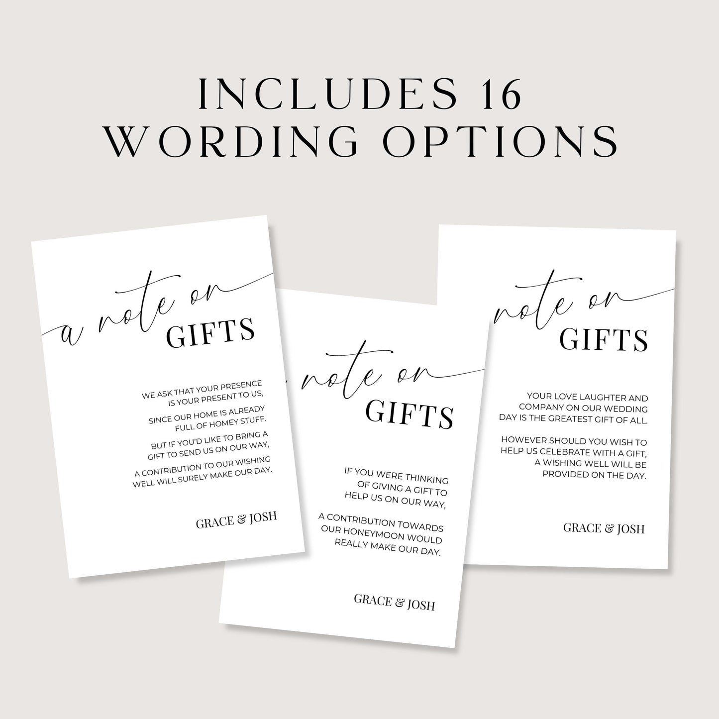 A Note On Gifts Card Insert Template, Elegant Printable Monetary Gift Request Invitation Enclosure, Minimalist Wedding No Gifts Please Cards