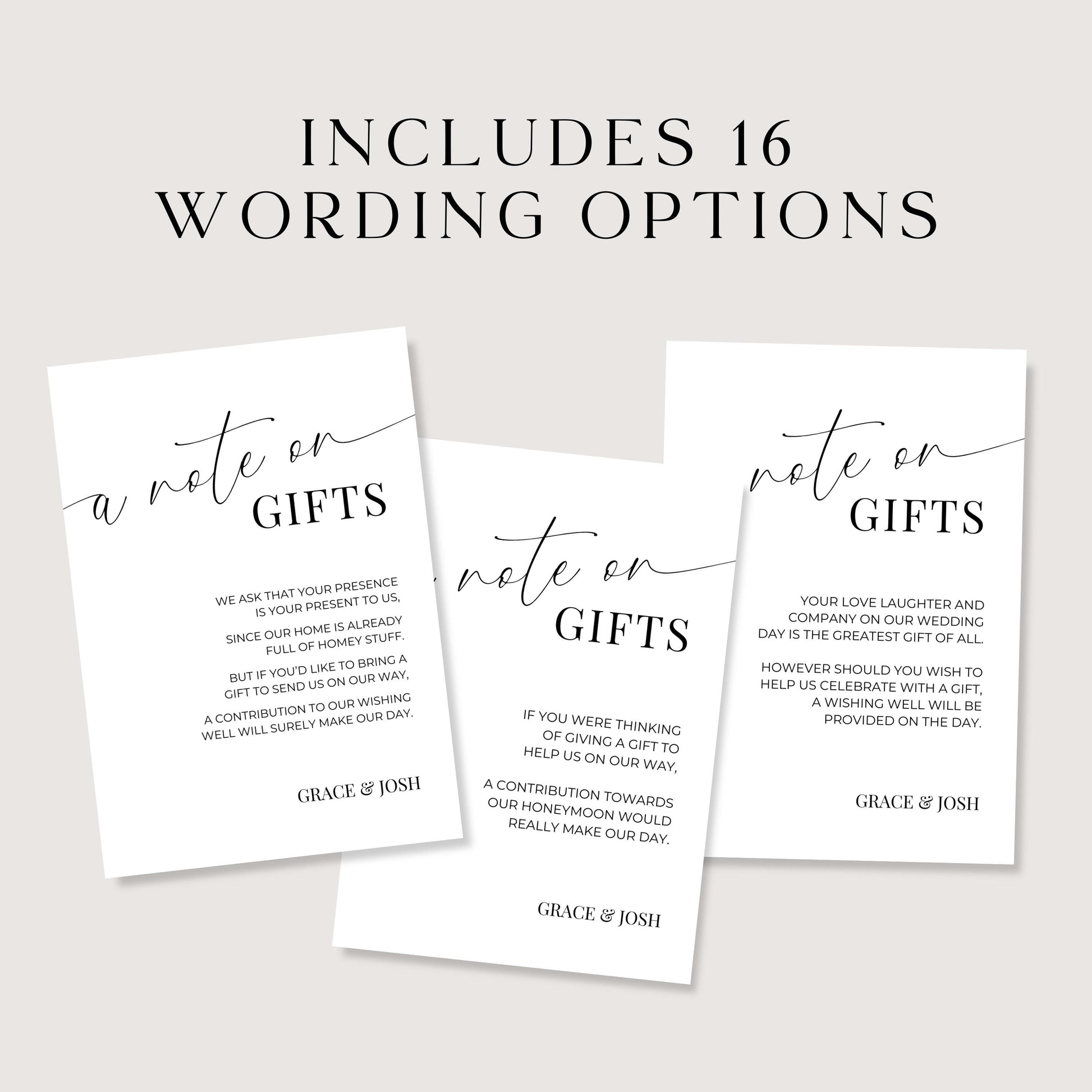 A Note On Gifts Card Insert Template, Elegant Printable Monetary Gift Request Invitation Enclosure, Minimalist Wedding No Gifts Please Cards