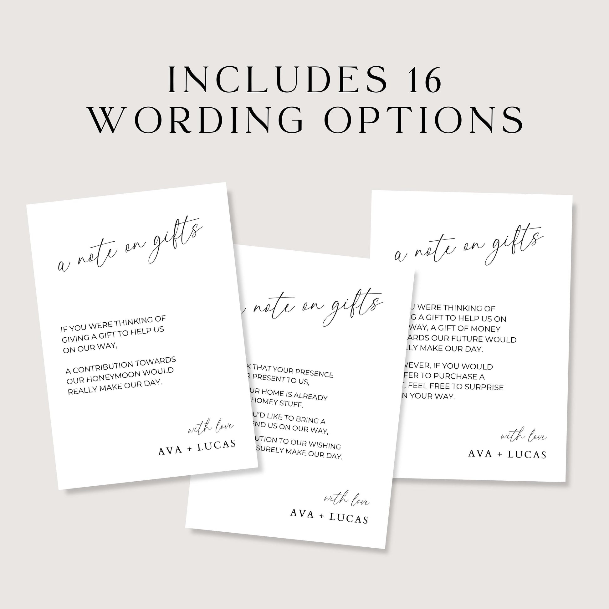 A Note On Gifts Card Insert Template, Minimalist Printable Wedding Invitation Monetary Gift Request Enclosure, Modern No Gifts Please Note