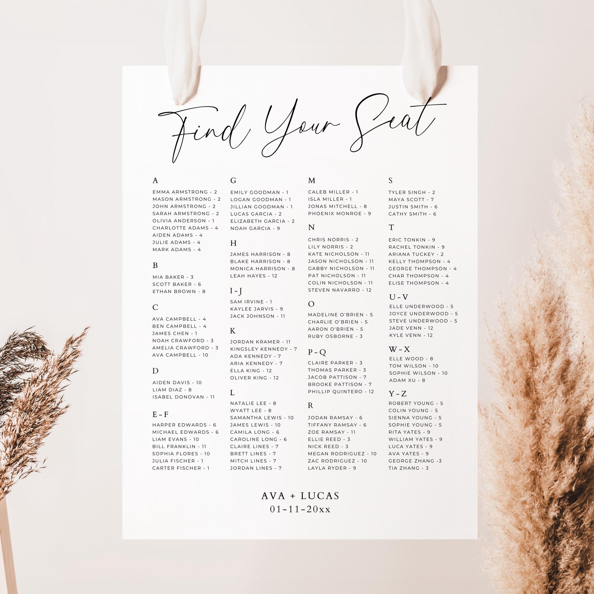 Alphabetical Order Seating Chart Sign Template, Large Minimal Wedding Reception Find Your Seat Plan, Modern Rehearsal Dinner A-Z Table Board