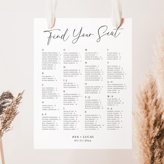 Alphabetical Order Seating Chart Sign Template, Large Minimal Wedding Reception Find Your Seat Plan, Modern Rehearsal Dinner A-Z Table Board