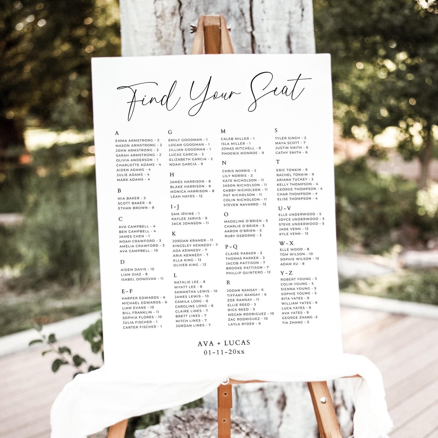 Alphabetical Order Seating Chart Sign Template, Large Minimal Wedding Reception Find Your Seat Plan, Modern Rehearsal Dinner A-Z Table Board