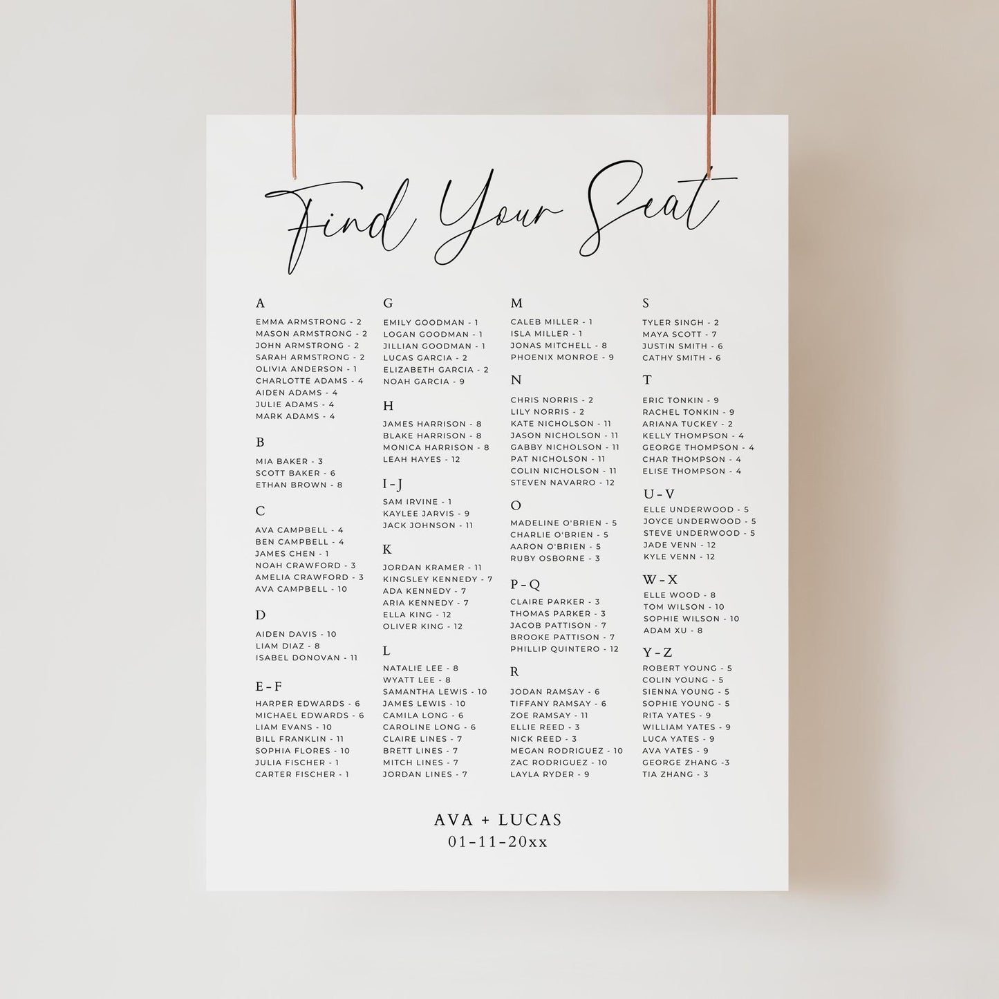 Alphabetical Order Seating Chart Sign Template, Large Minimal Wedding Reception Find Your Seat Plan, Modern Rehearsal Dinner A-Z Table Board