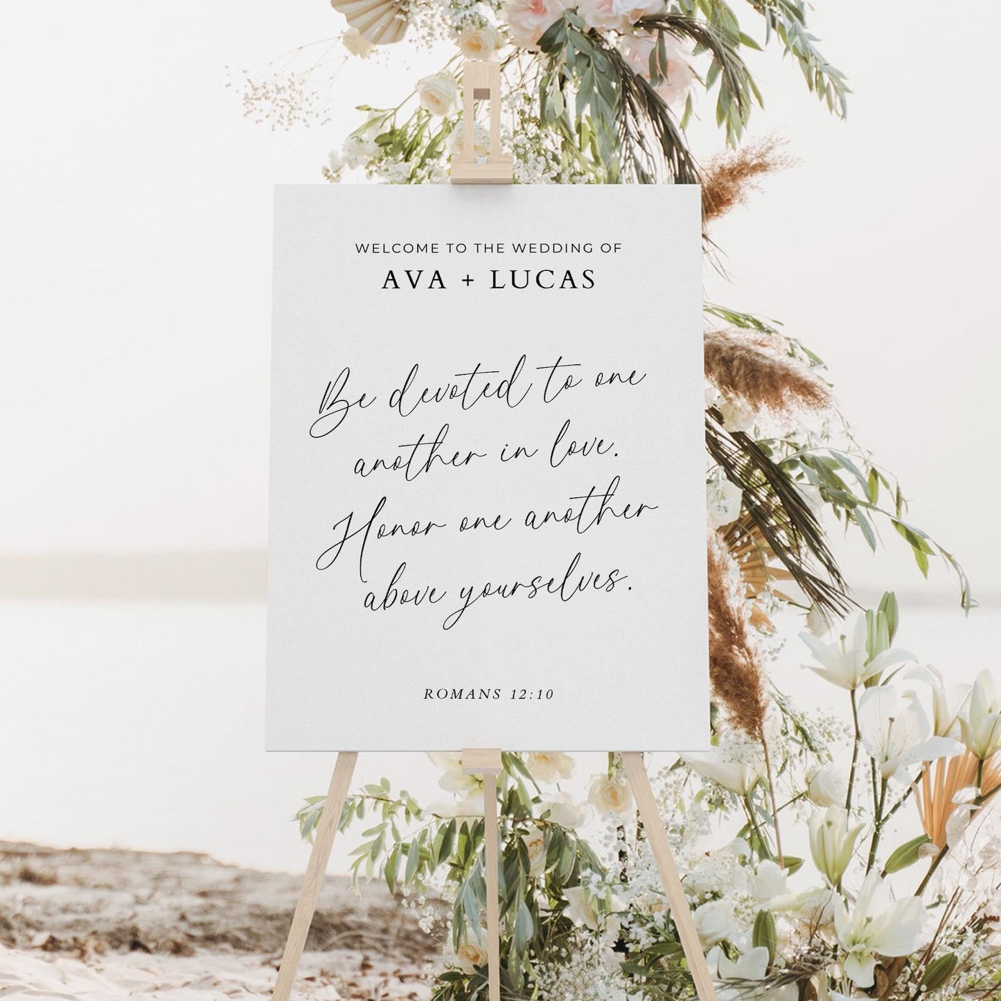Bible Verse Welcome Sign Template for Wedding Ceremony, Minimal Christian Scripture Wedding Signage, Elegant Be Devoted In Love Quote Sign