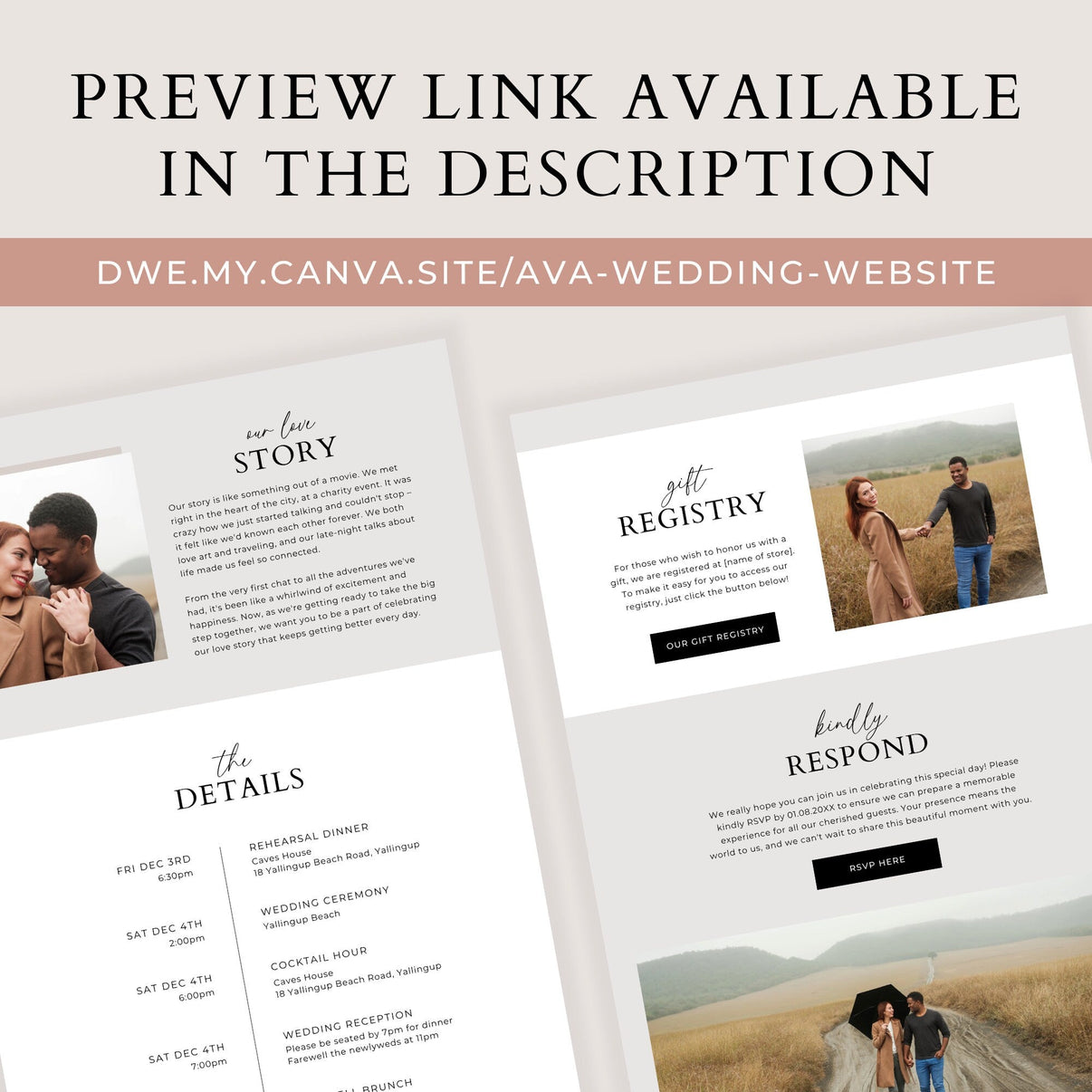 Canva Wedding Website Template Amber & Rose Creative Studios