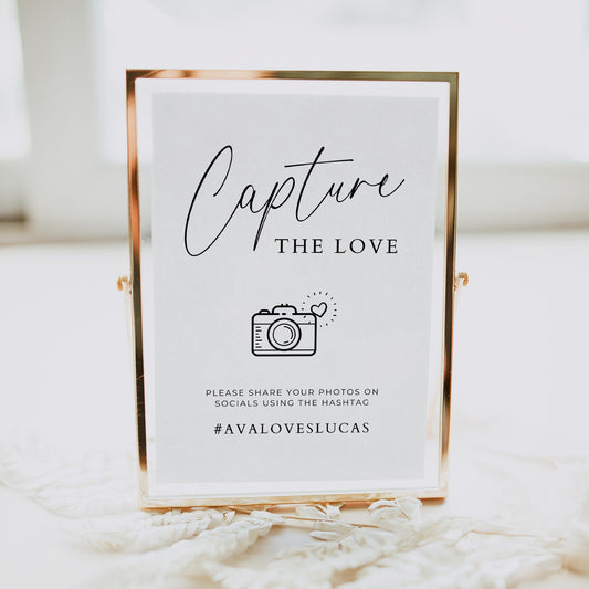 Capture The Love Hashtag Sign Template, Modern Customisable Wedding Hashtag for Social Media Signage, Minimalistic Printable Reception Decor