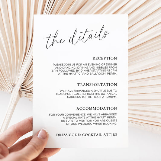 Details Card Template for Wedding Invitation Enclosure, Modern Minimalist Customizable Information Card, Simple Invite Info Insert Page