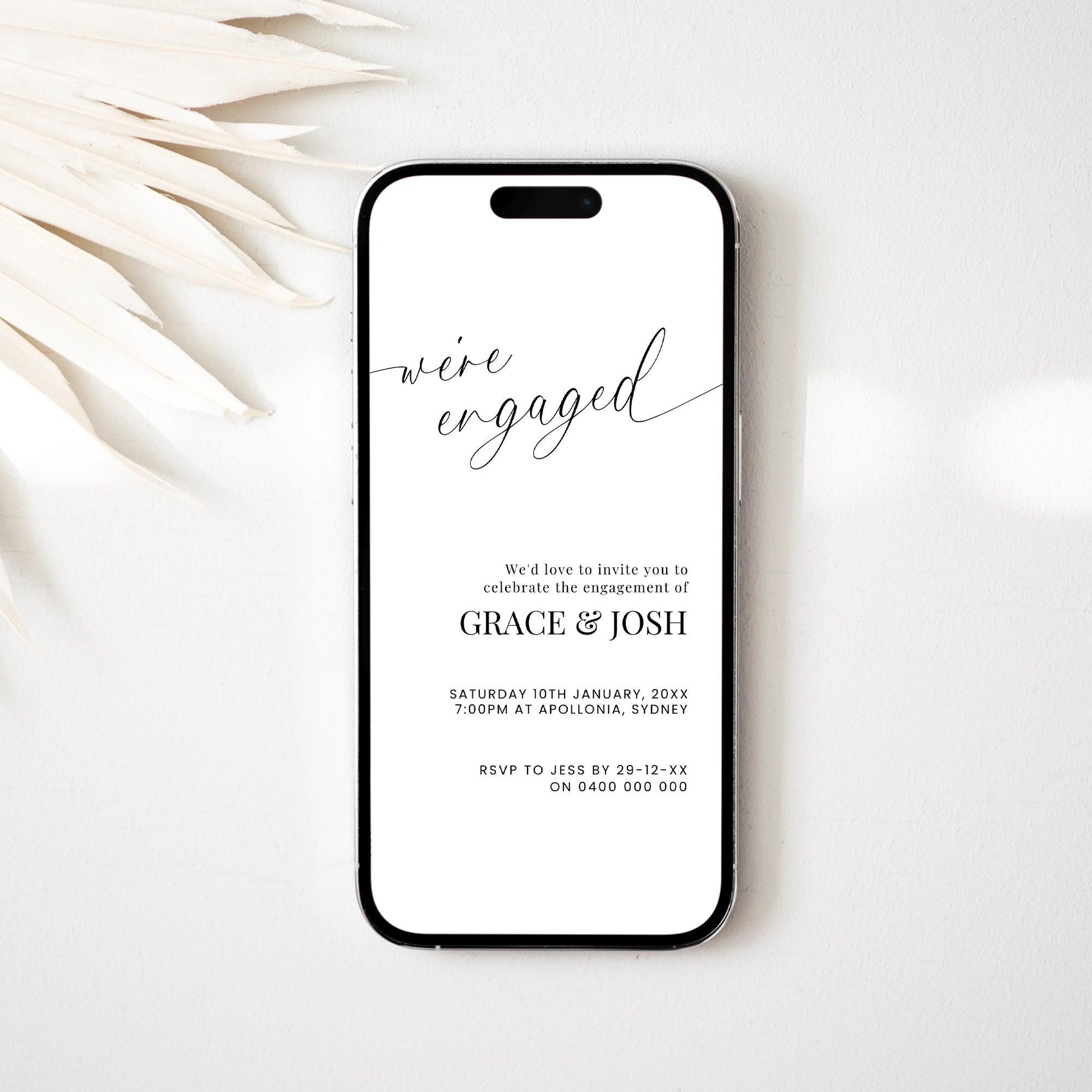 Digital Engagement Party Invitation Template, Modern Cell Phone Text Message Engaged Invite, Minimalist Customizable Electronic Email Invite