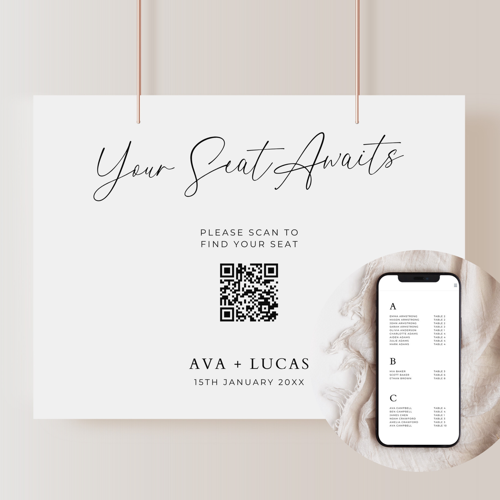 Digital Seating Chart with QR Code Sign Template Horizontal Amber