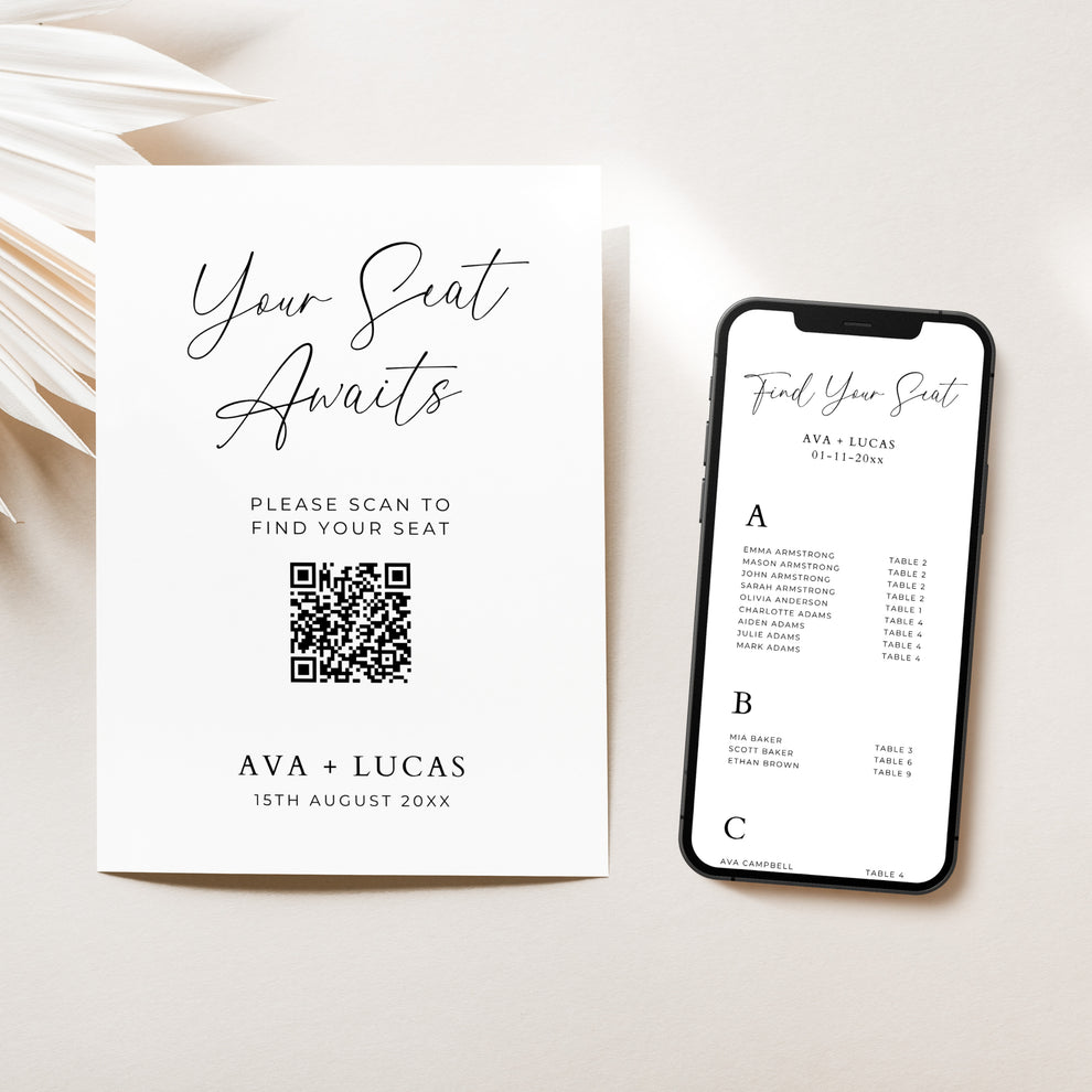 Digital Seating Chart with Menu QR Code Sign Template Amber & Rose