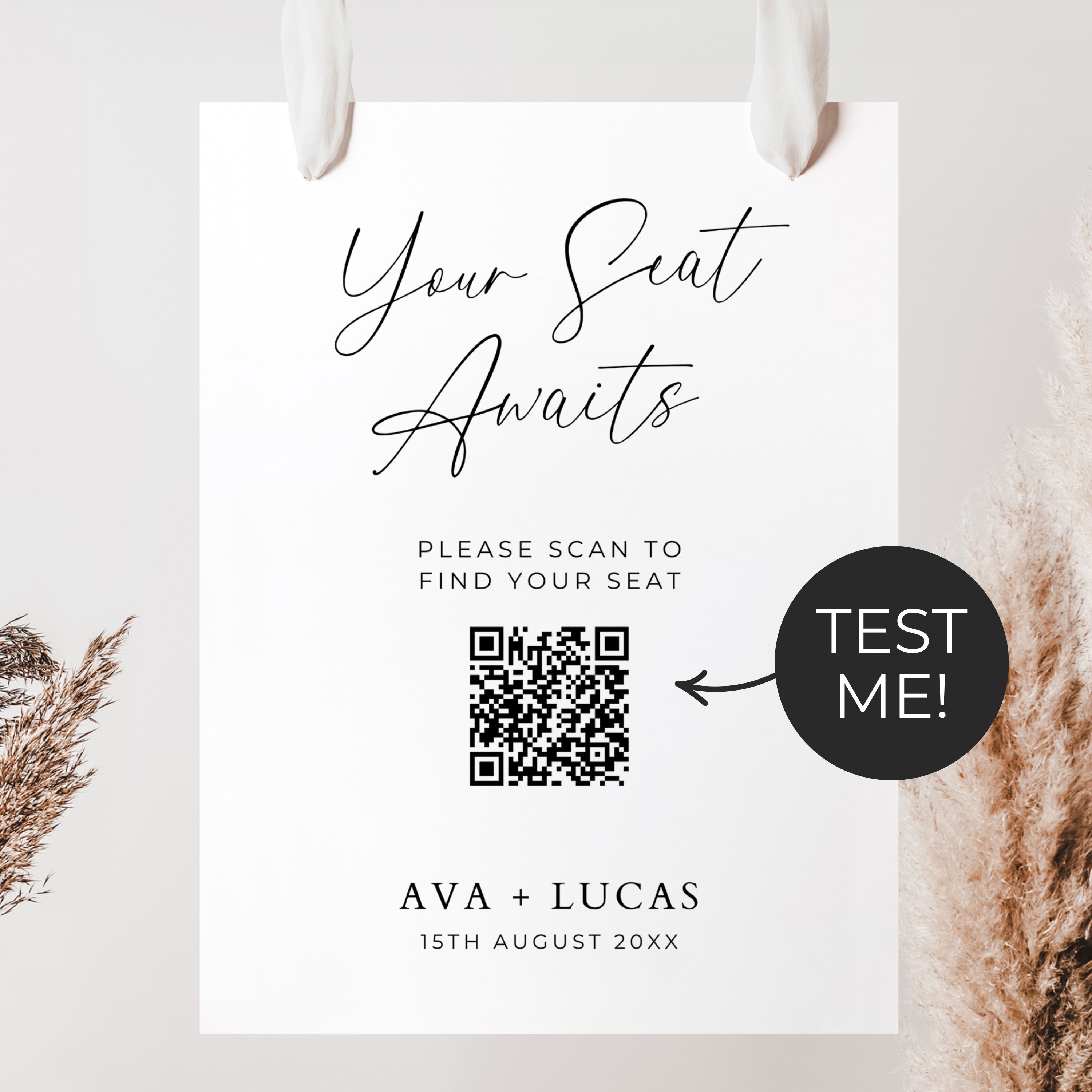 Digital Seating Chart with Menu QR Code Sign Template Amber & Rose