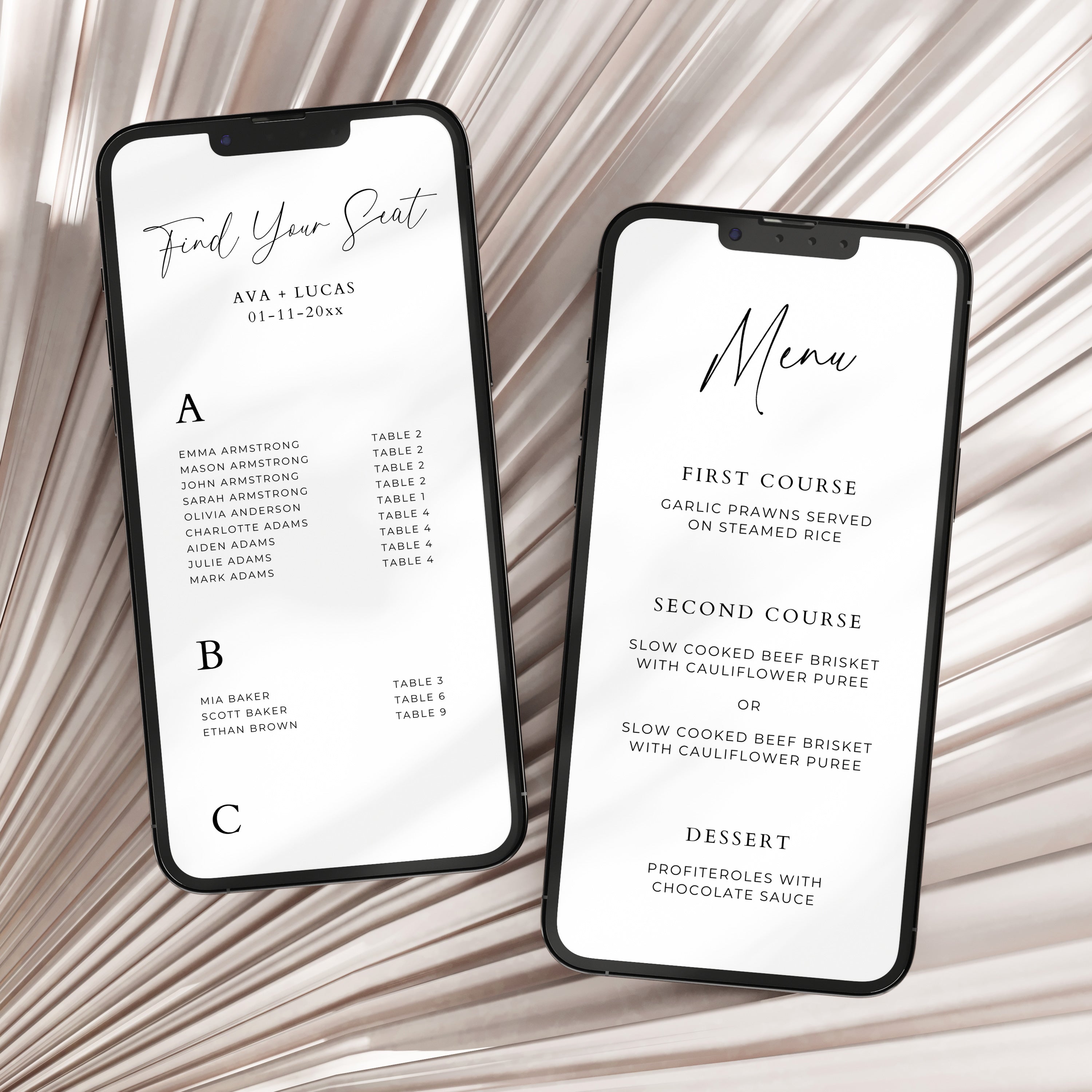 Digital Seating Chart with Menu QR Code Sign Template Amber & Rose