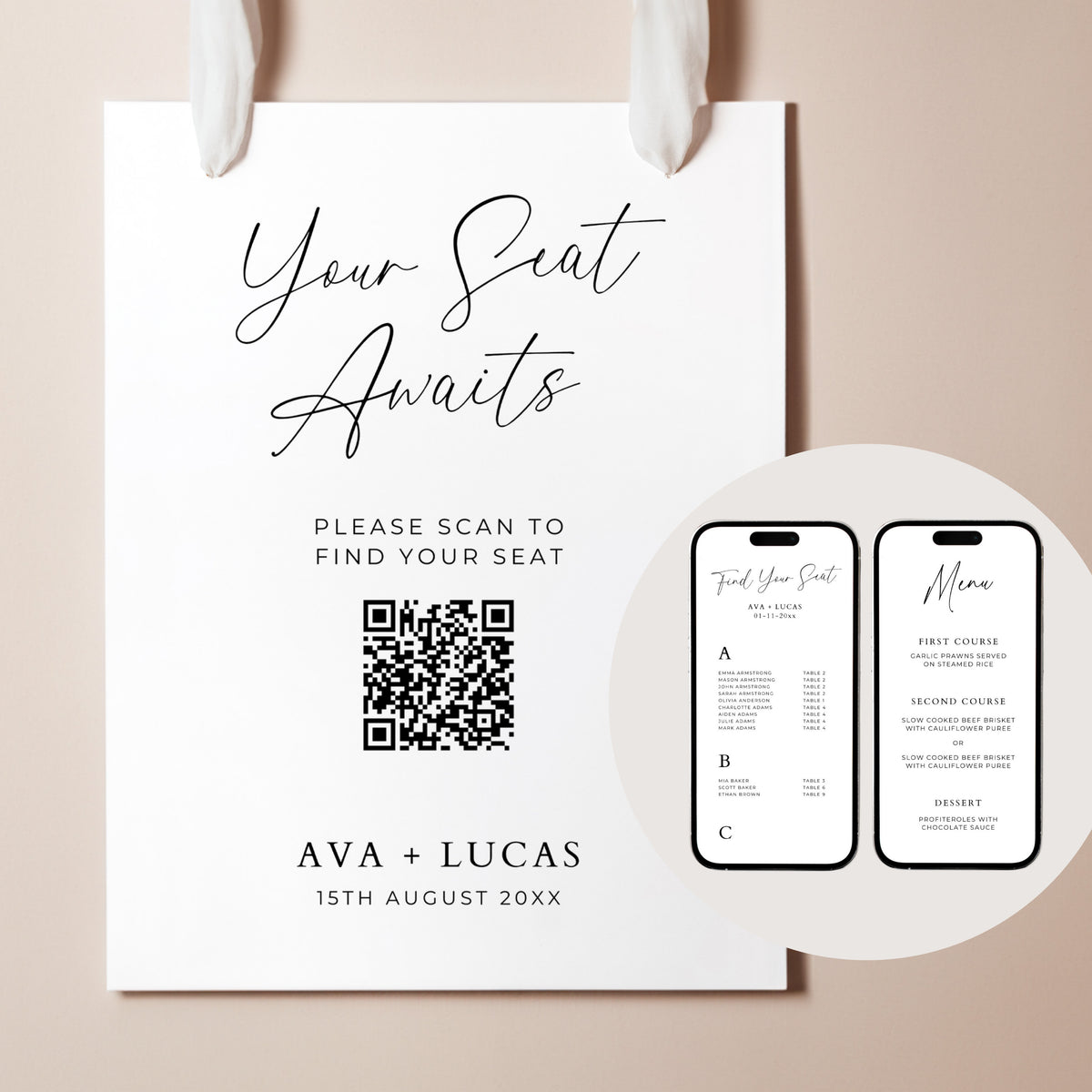 Digital Seating Chart with Menu QR Code Sign Template Amber & Rose