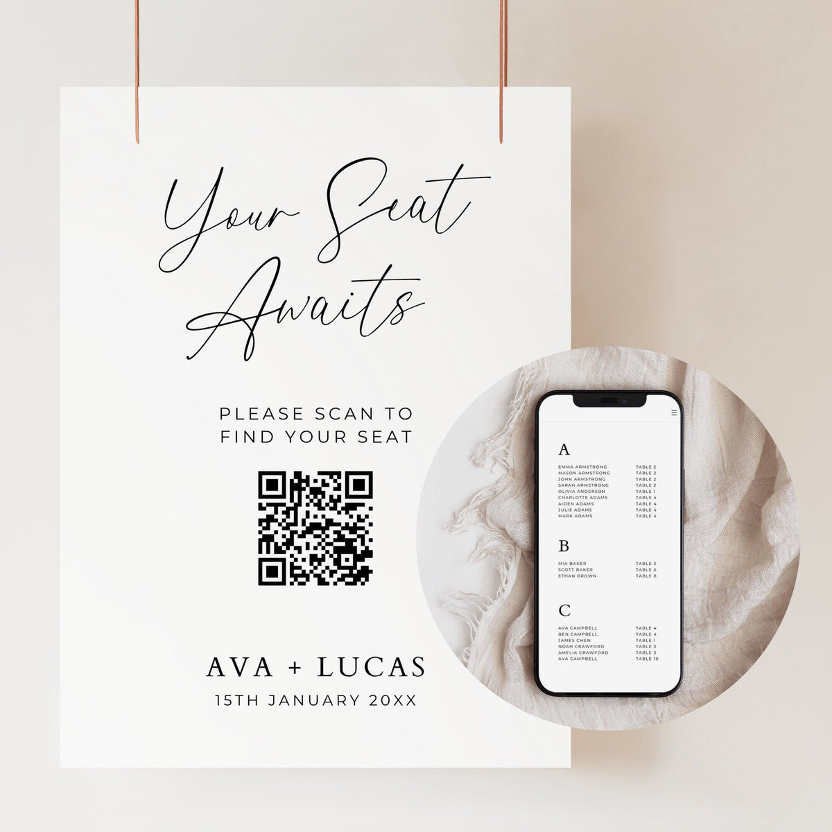 Digital Seating Chart with QR Code Sign Template Amber & Rose