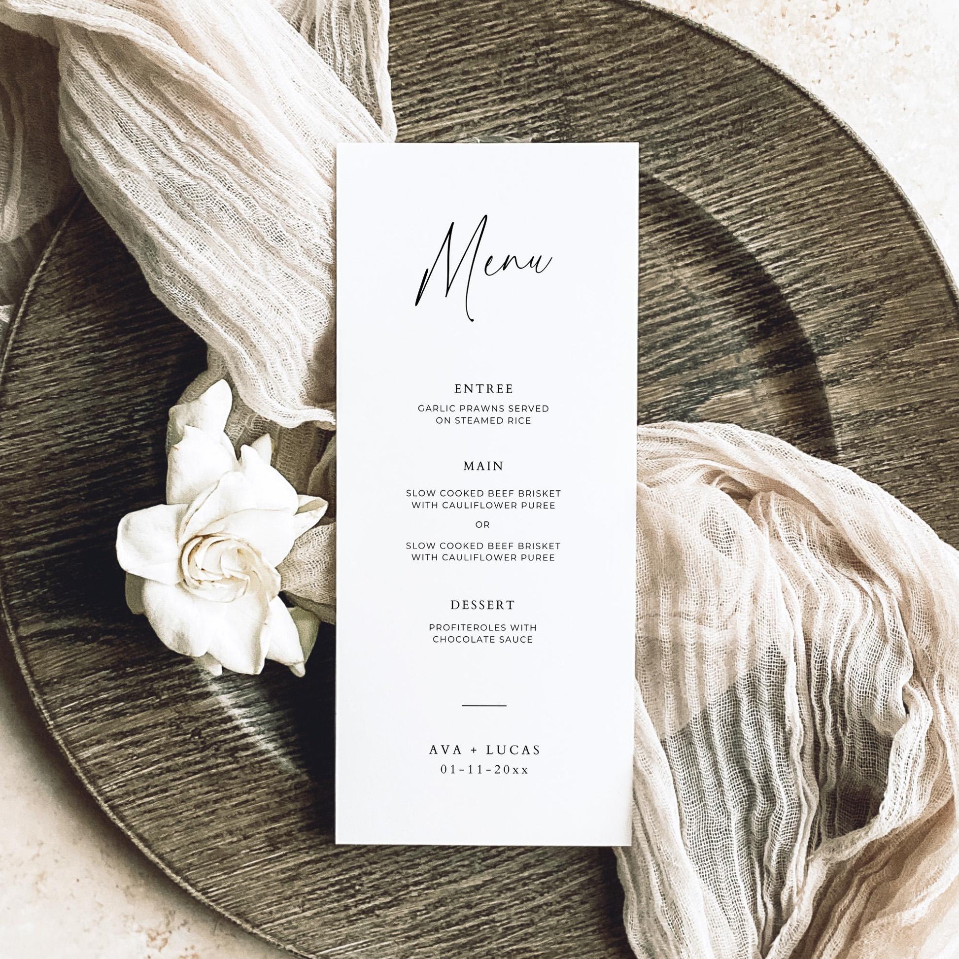 Modern Menu Card Template, Simple Minimalist Three Course Dinner Menu, Elegant Customizable Menu for Wedding Reception or Rehearsal Dinner