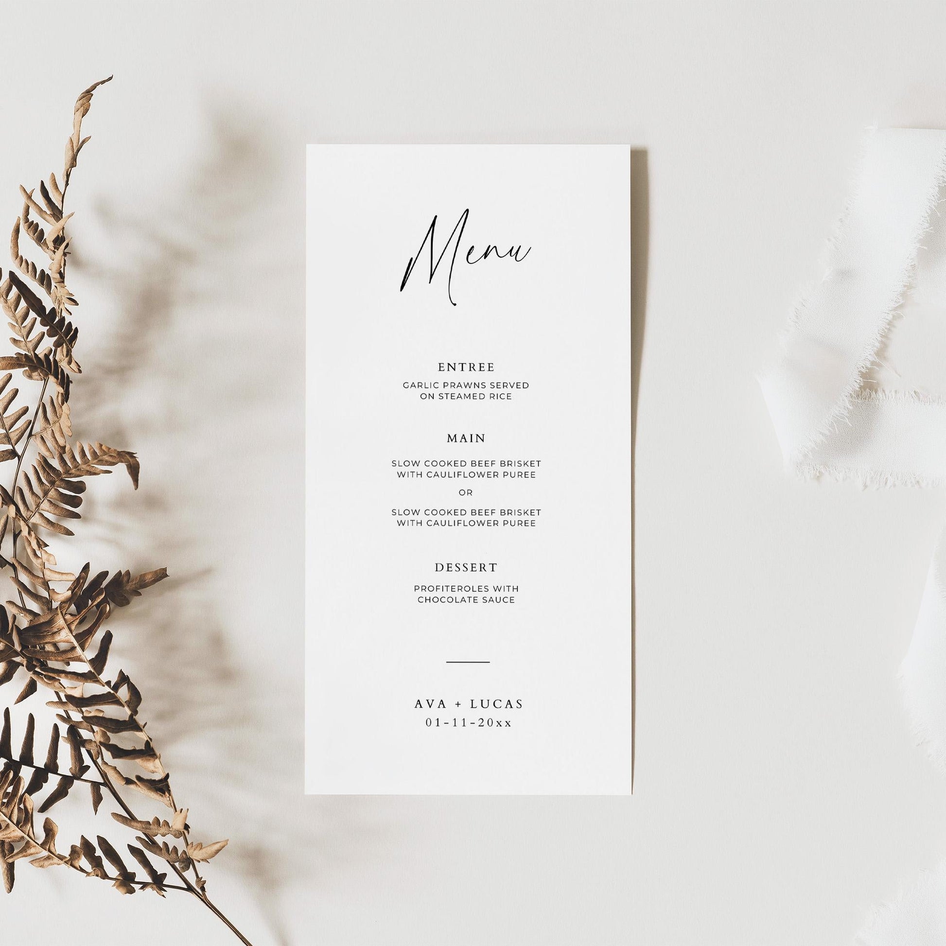 Modern Menu Card Template, Simple Minimalist Three Course Dinner Menu, Elegant Customizable Menu for Wedding Reception or Rehearsal Dinner