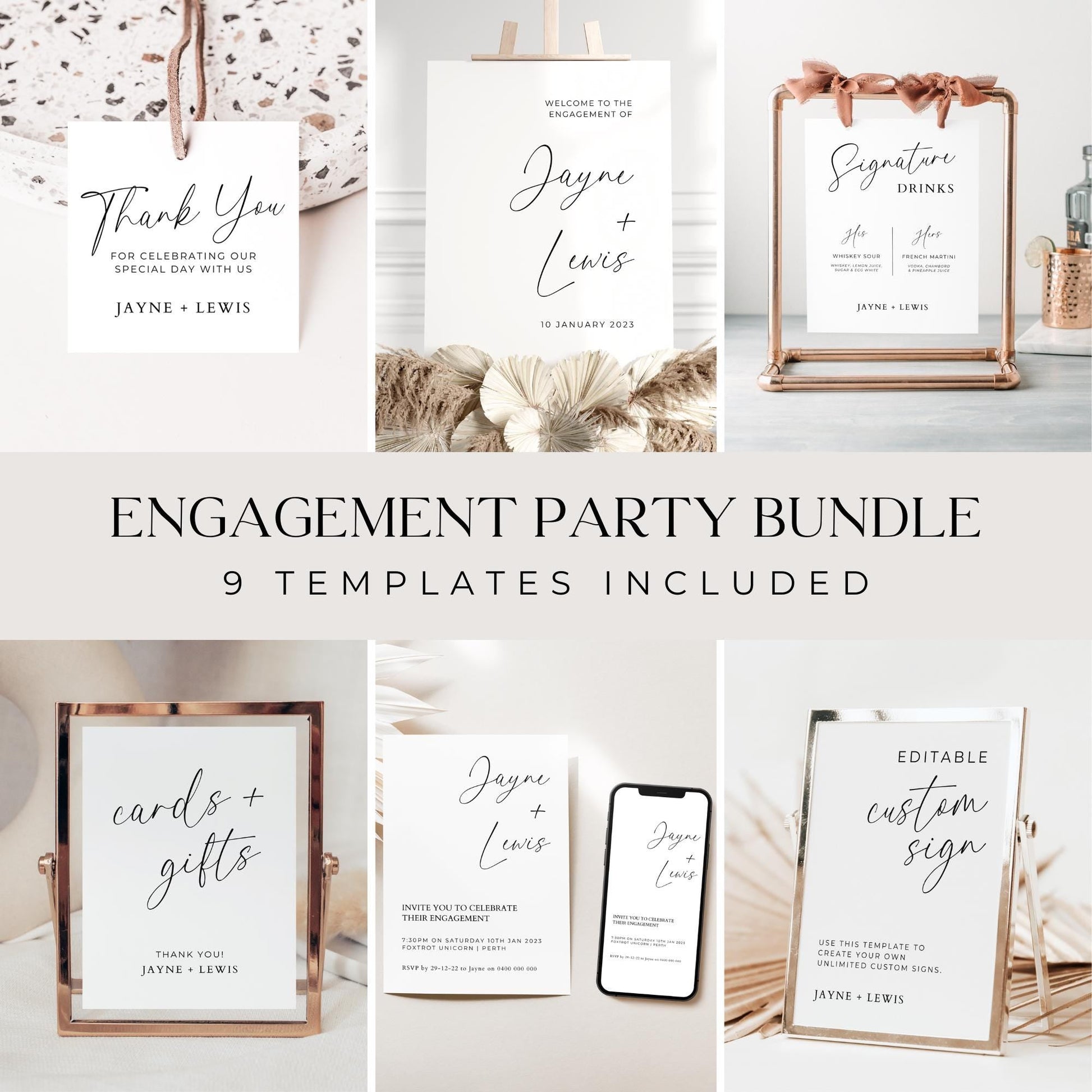 Collage of an engagement party editable template bundle, which shows a photo of a favor thank you tag, a welcome sign, his and hers signature drinks sign, cards and gifts sign, a printed invitation and digital e-invitation on a phone and custom sign