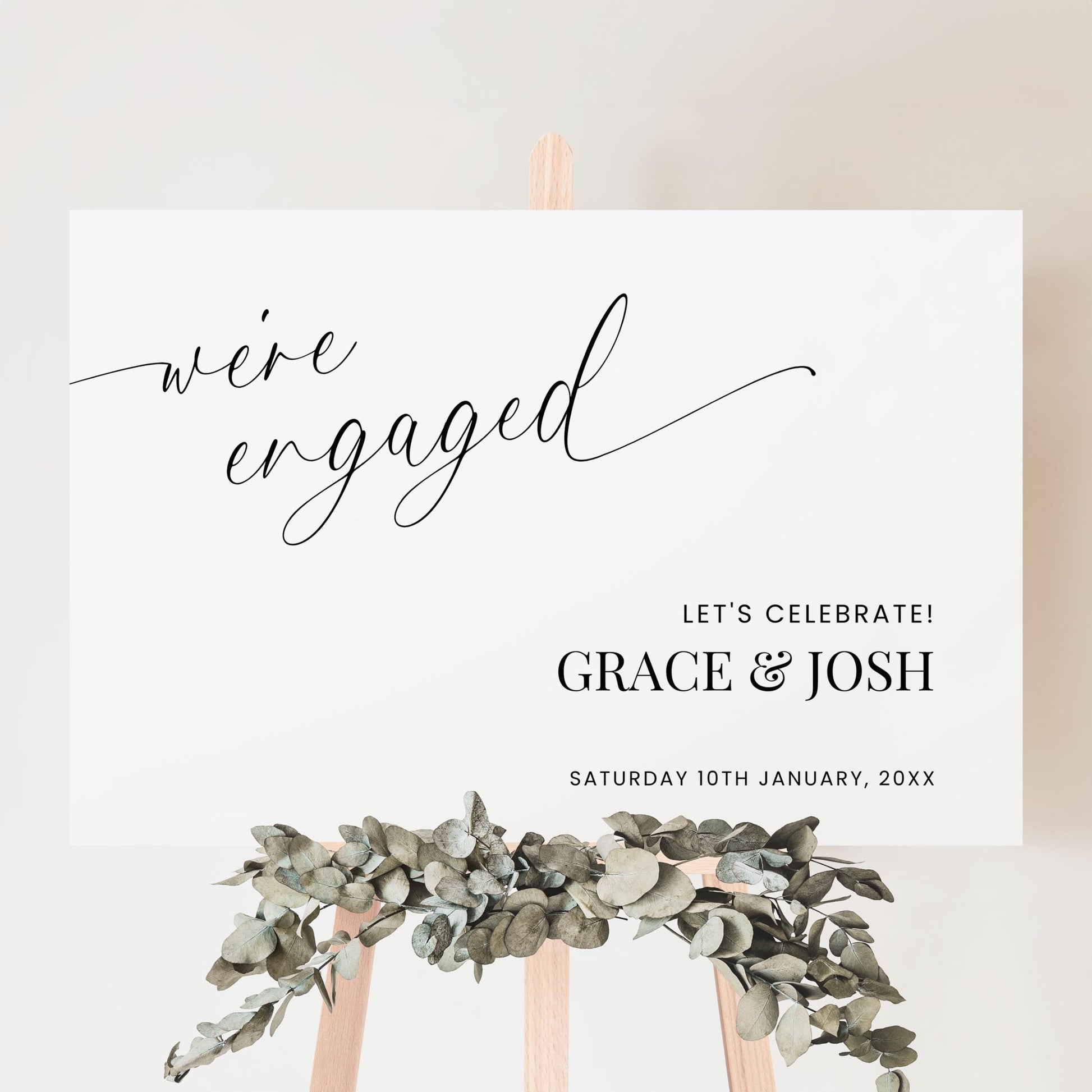 Engagement Party Welcome Sign Template Horizontal, Elegant Script We’re Engaged Signage, Minimalistic Printable Poster Board Sign