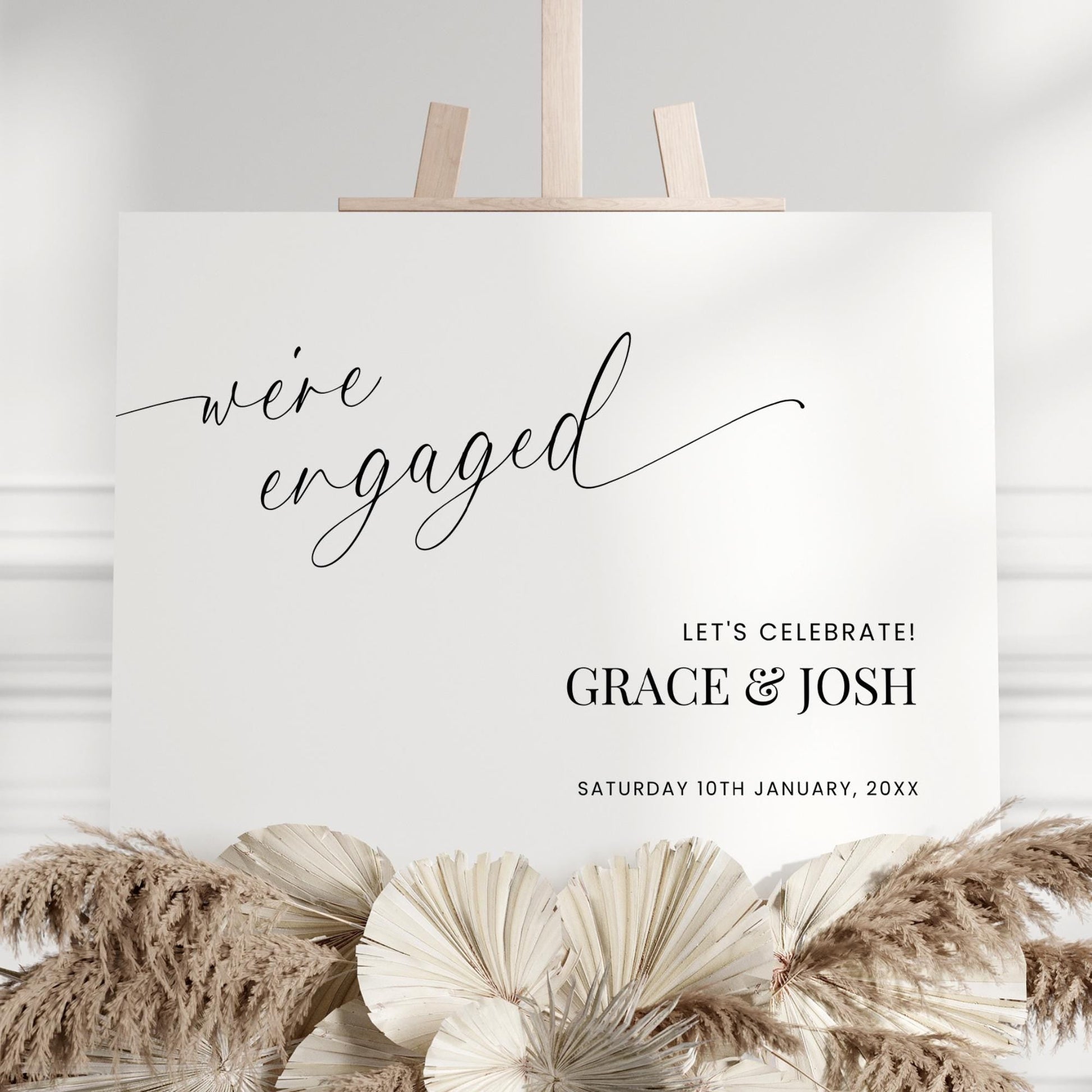 Engagement Party Welcome Sign Template Horizontal, Elegant Script We’re Engaged Signage, Minimalistic Printable Poster Board Sign