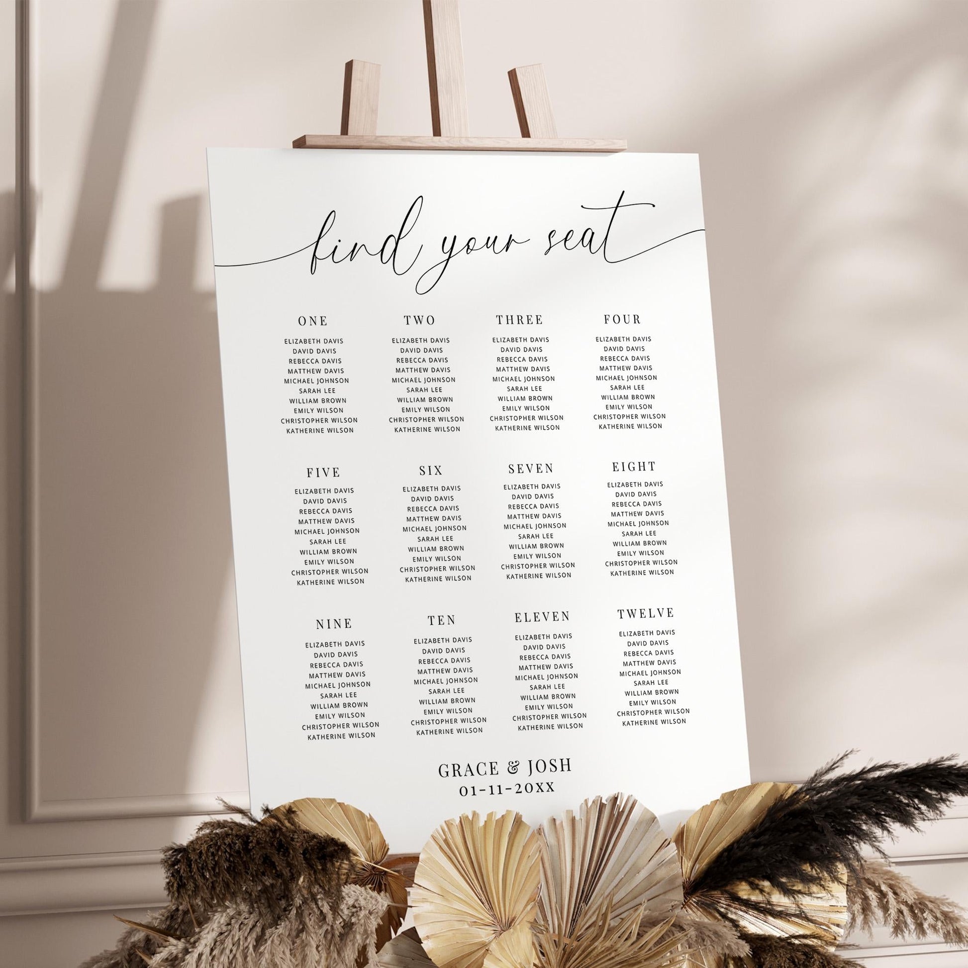 Minimal Find Your Seat Wedding Chart By Table, Large Elegant Seating Sign Template 12 Tables